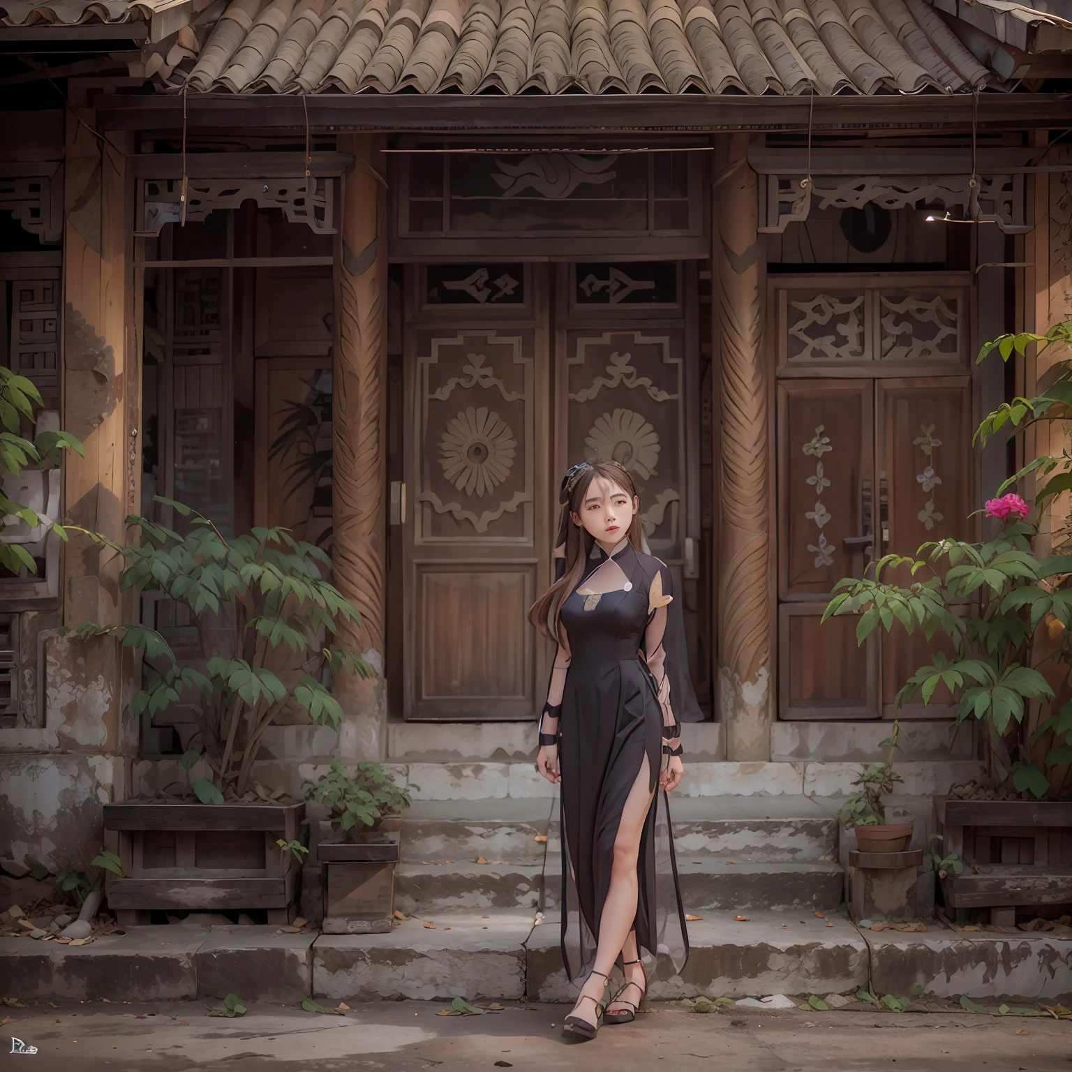 girl, Systemic, Dress, standing in front of a traditional Vietnamese building