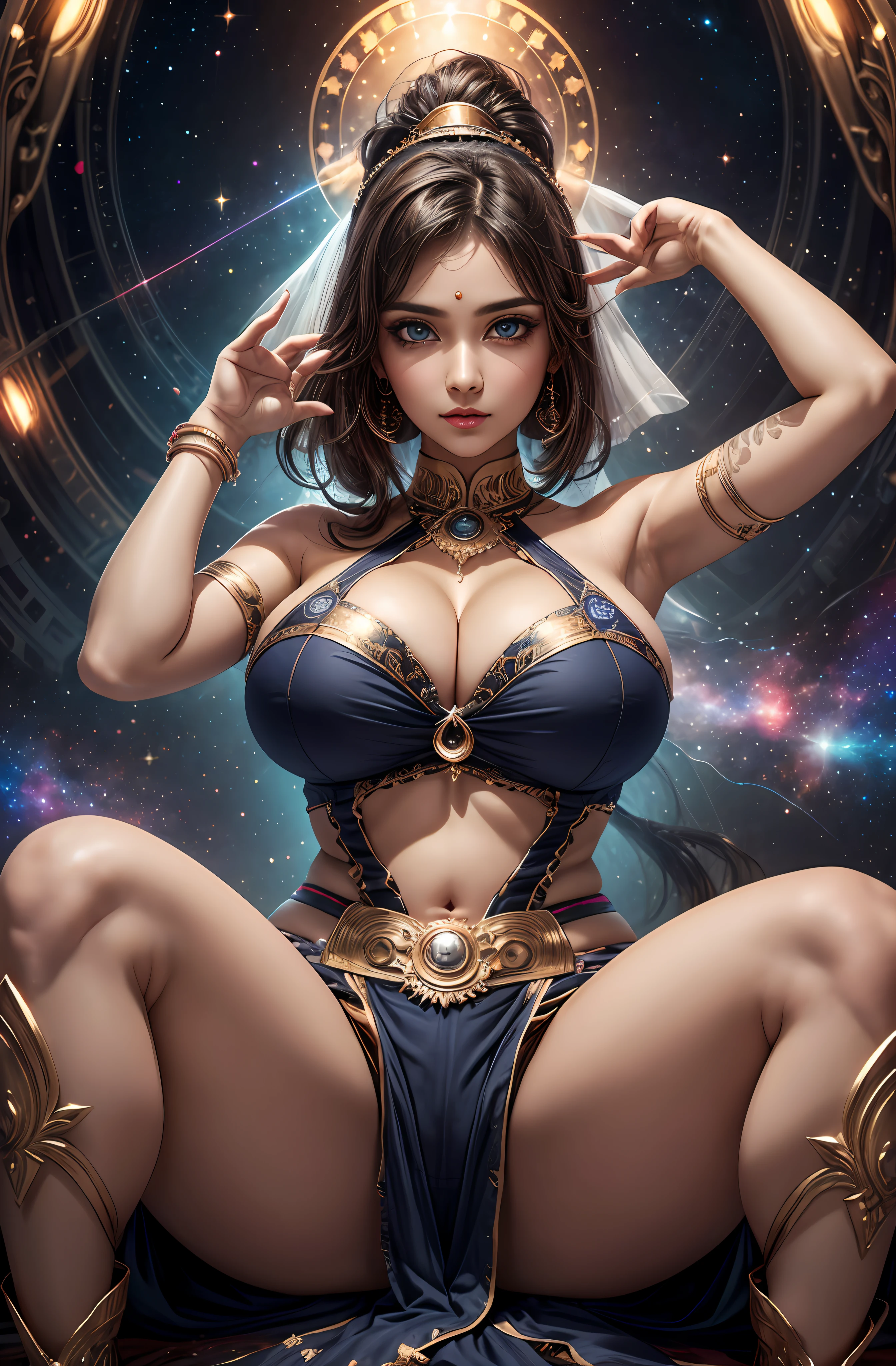 (Celestial Groove:1.2), (Galaxy Rhythm:1.1), (Stellar Beats:1.1), exotic girl, indian, (energetic poses:1.2), (Big Tits:1.3), clear curvy details, beautiful curves, detailed eyes, detailed pupil, Ultra Detailed, ultra detailed, aesthetic, masterpiece, best quality, photorealistic