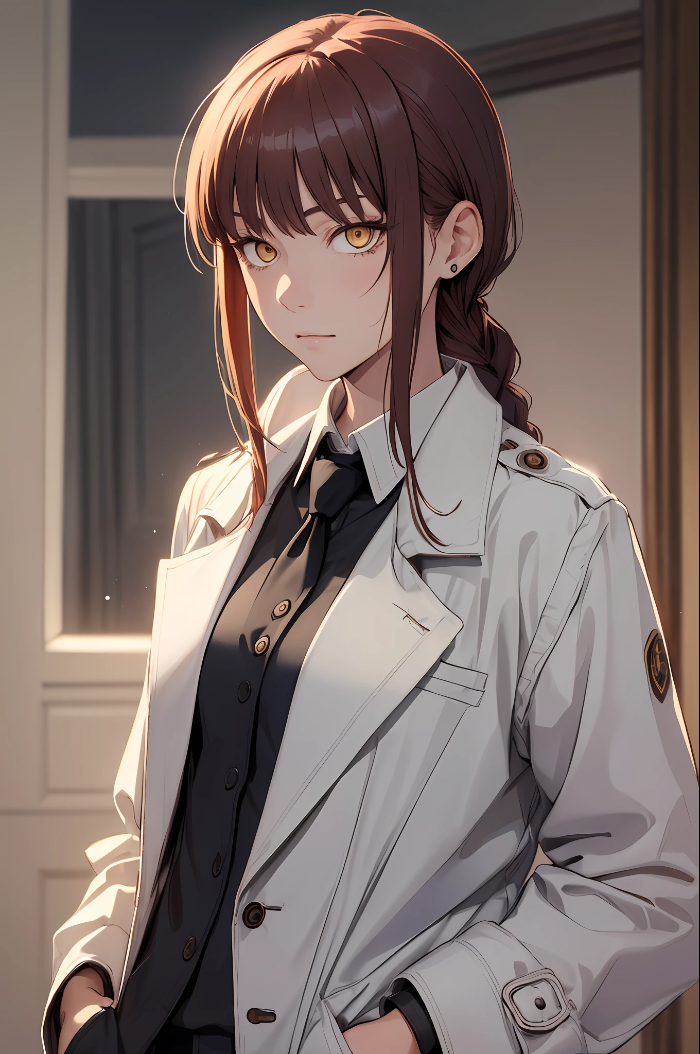 (masterpiece, best quality:1.2), cowboy shot, solo, 1girl, makima, expressionless, closed mouth, looking at viewer, hands in pockets, braided ponytail, ringed eyes, formal, coat, collared shirt, black necktie, black pants