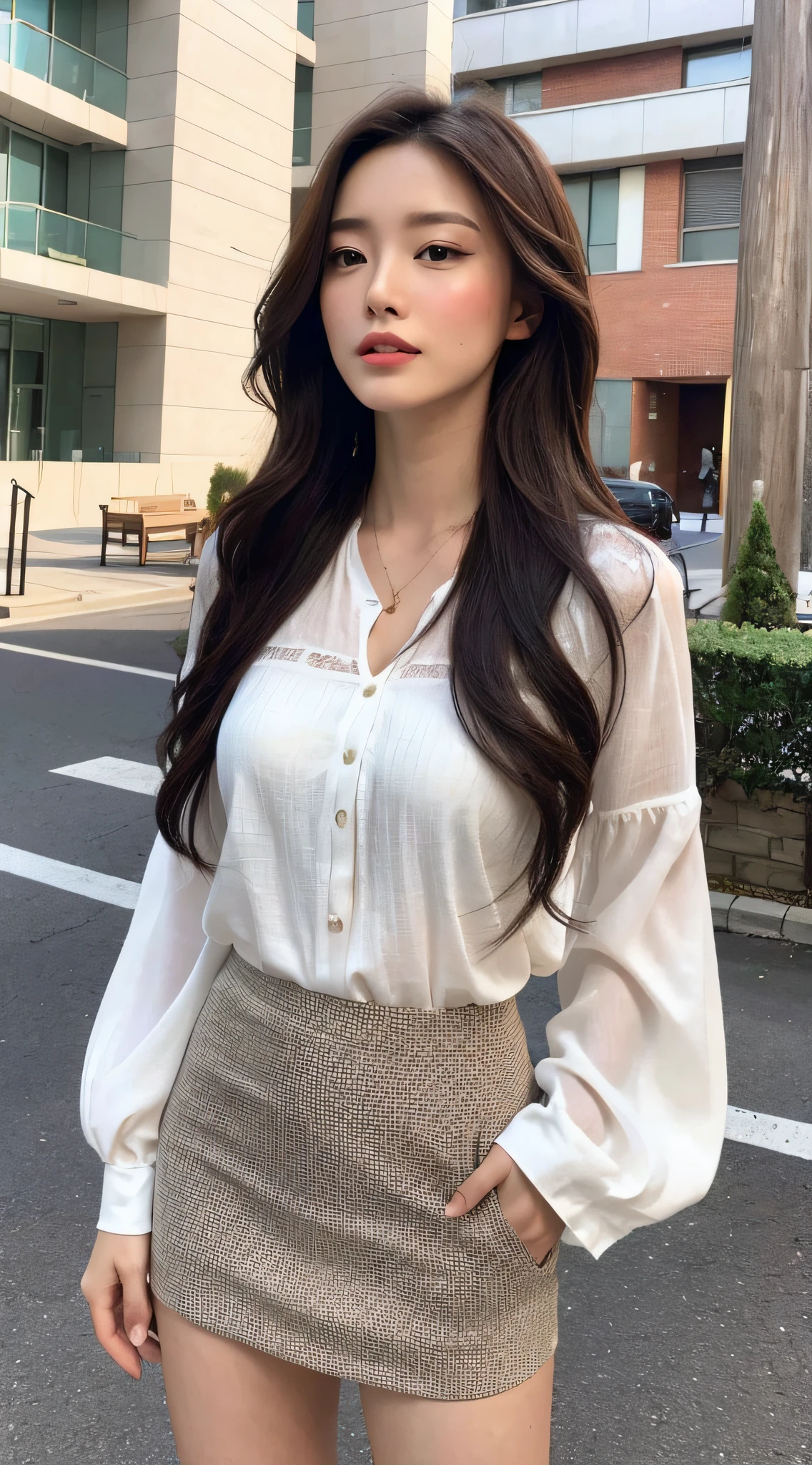 （best qualtiy，A high resolution，tmasterpiece：1.3），A tall and beautiful woman，Slender abs，Dark brown hair in loose wavy styling，nedium breasts，White color blouse，pleatedskirt，（Modern architecture in background），The details in the facial and skin textures are beautifully rendered，Detailed eyes，二重まぶた