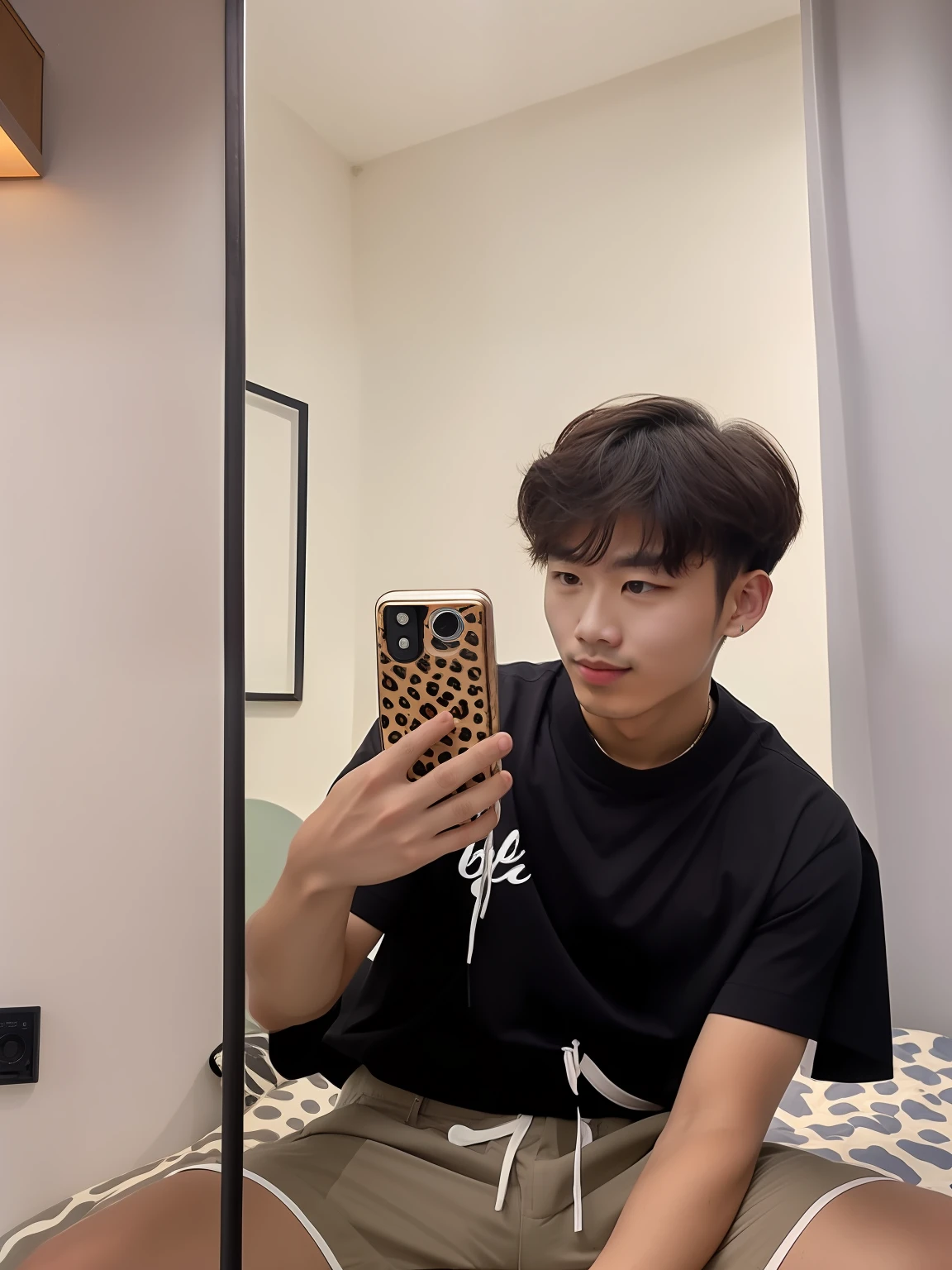 Charming young charming boy，DEEP-V COLLAR，Thin muscles，chineseidol，clean backdrop，hyper realisitc，cinmatic lighting，Handsome face，In the jungle，There are leopards around。 --auto