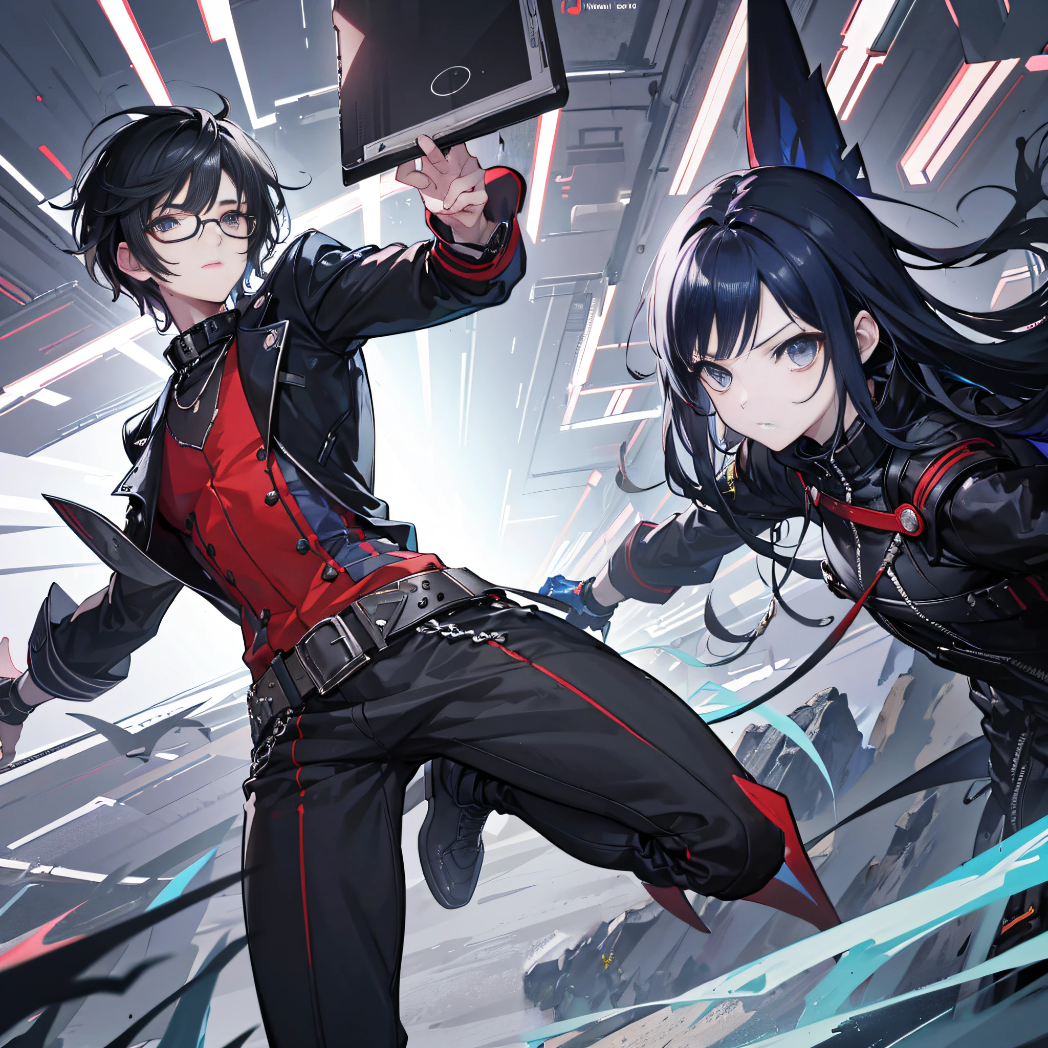 Anime characters in a futuristic environment，Wear red and black clothing, akehiko inoue and ross tran, Badass anime 8 K, From Arknights, Range Murata and Artgerm, ross tran and bayard wu, sakimichan and frank franzzeta, krenz cushart and wenjun lin, zerochan art, persona 5 art style wlop