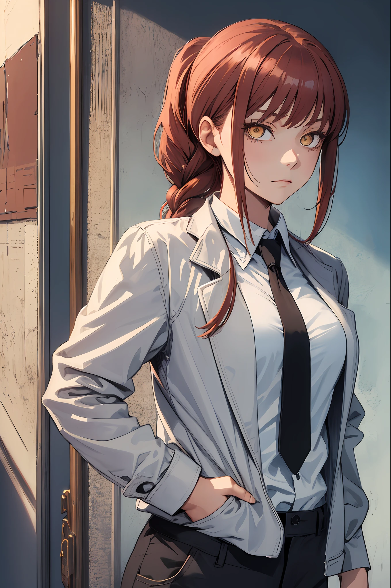 (masterpiece, best quality:1.2), cowboy shot, solo, 1girl, makima, expressionless, closed mouth, looking at viewer, hands in pockets, braided ponytail, ringed eyes, formal, coat, collared shirt, black necktie, black pants