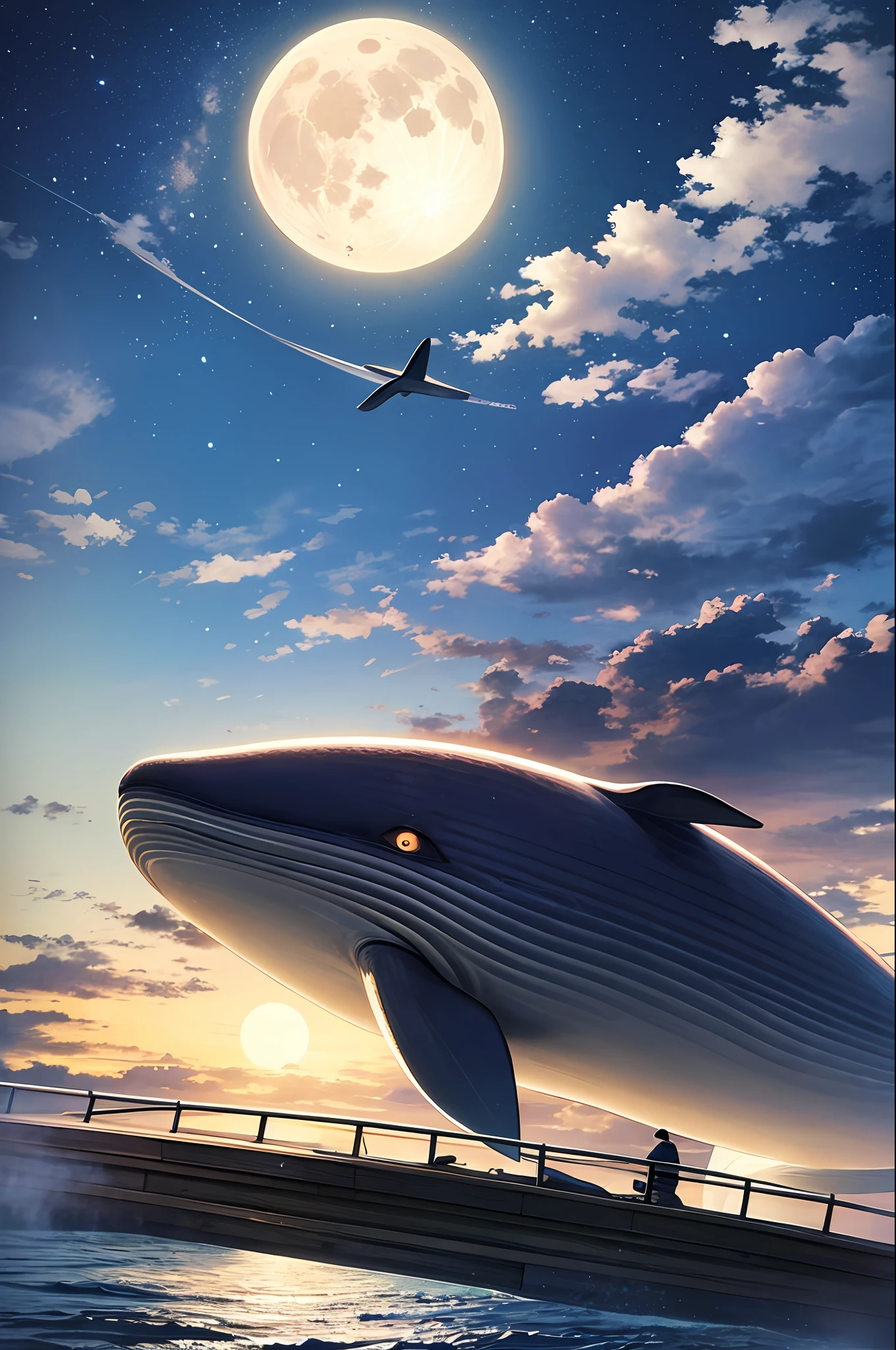 octans, no humans, moon, sky, night, full moon, cloud, whale, outdoors, scenery, night sky, water, watercraft, cloudy sky, galaxy .