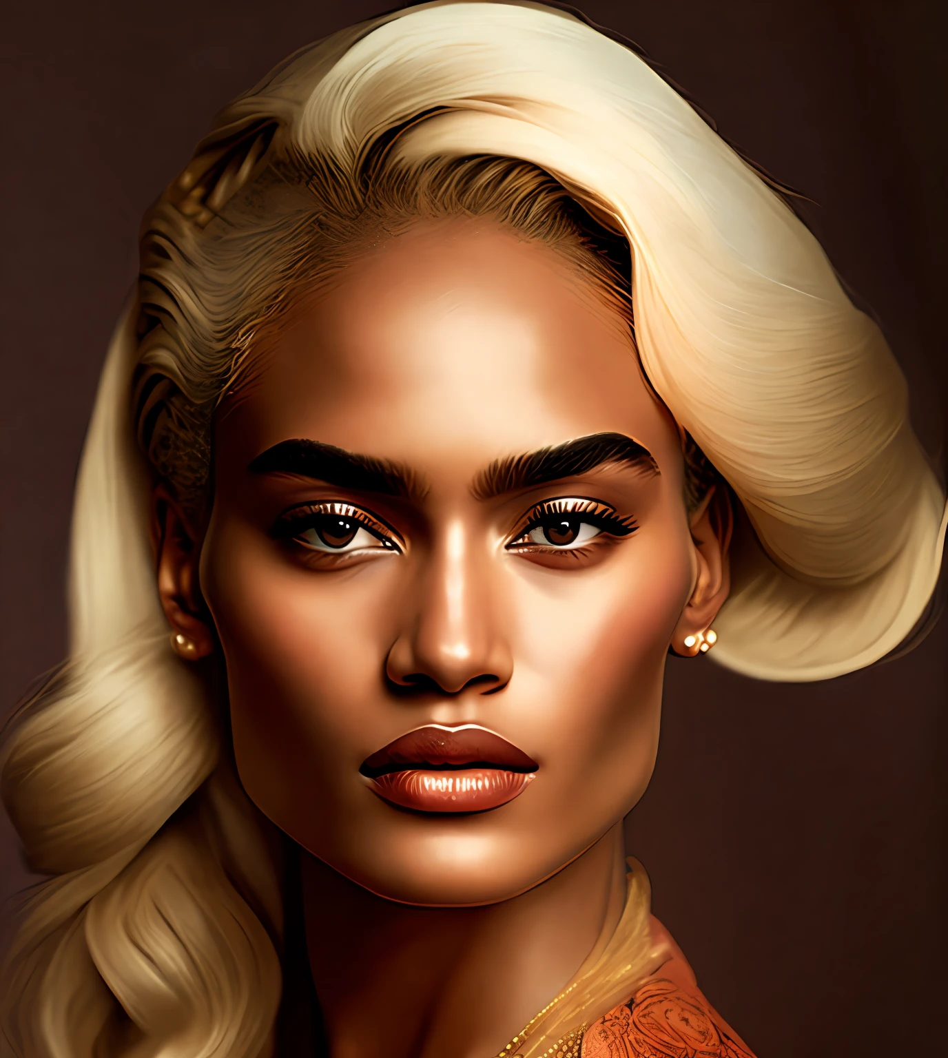 blonde woman, brown skin, brown eyes, tall, slim, sensual, realistic photo, studio lighting, frida khalo eyebrows