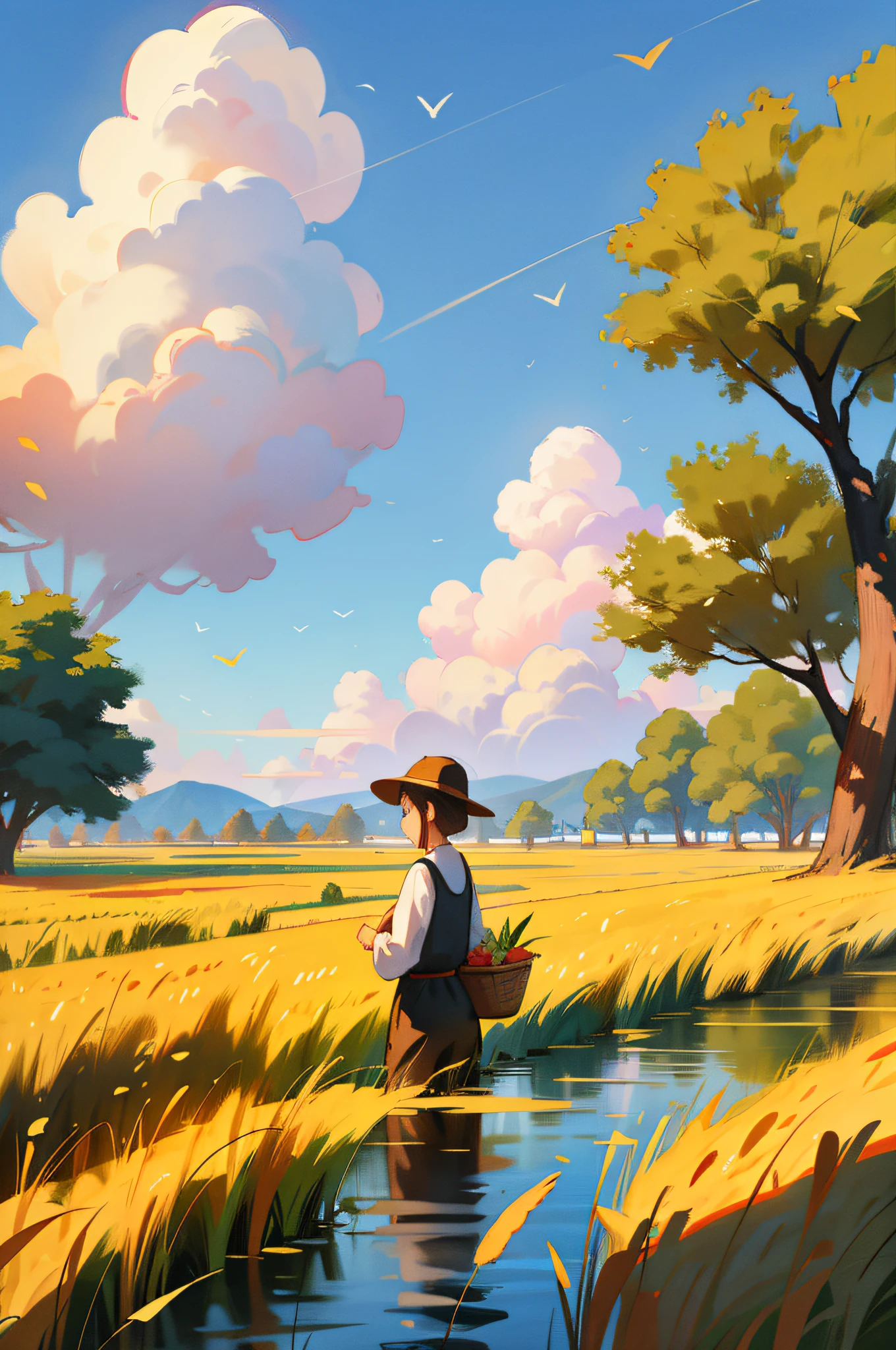 at the lakes，the scarecrow，spatter。Lush forests surround the tranquil lake，The surface of the lake is sparkling，Reflecting the reflection of the blue sky and white clouds。Some families have picnics in the shade of trees，Enjoy the wonderful time of summer。
in distance，Golden wheat fields sway in the wind，It's like a sea of gold。crops，Celebrate the harvest season