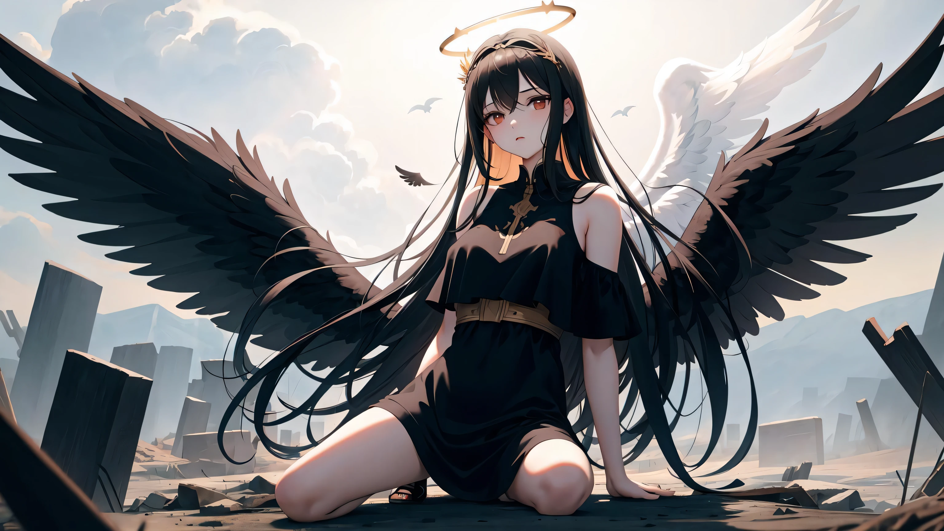 masterpiece, best quality, 1girl, black hair, angel of death, innocent, brown eyes, diadem, angel wings, black clothes, full body, arms behind back, sky, halo, post-apocalypse,