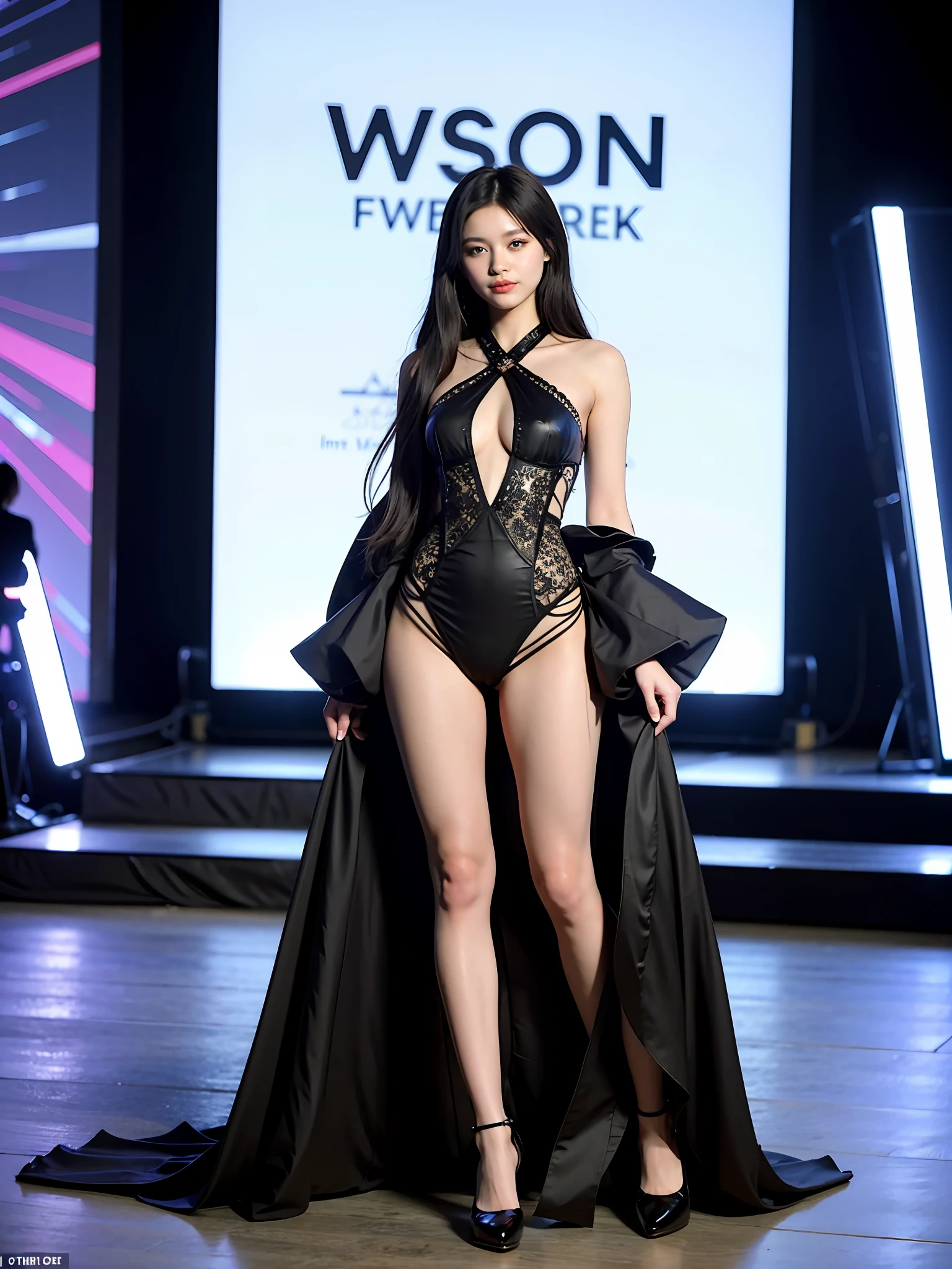 Fashion Week catwalk,On a gorgeous stage,A group of Miss World,Dressed gorgeously,Full body photo of the vista,