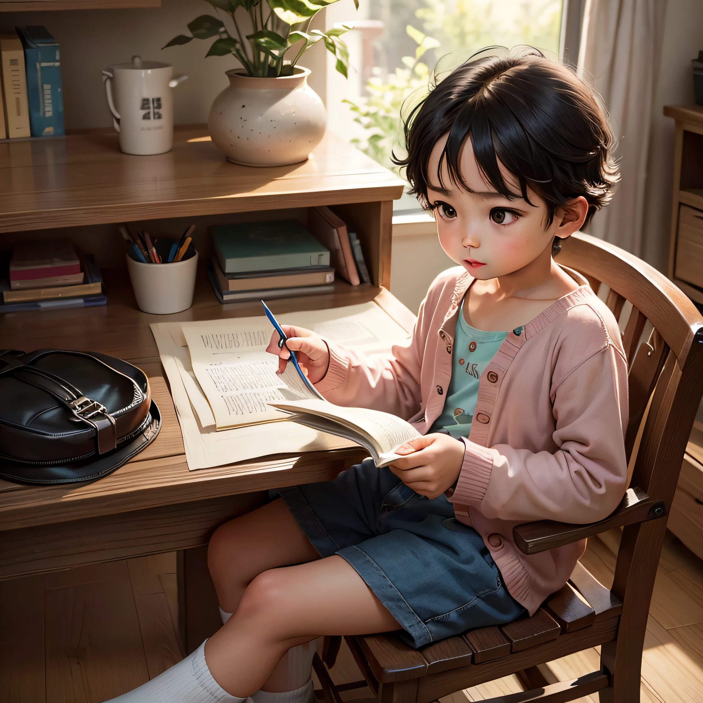 There is a young girl sitting at a desk writing on a book - SeaArt AI