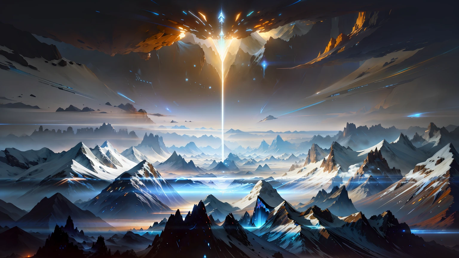 Arafitte landscape of mountains with bright beams, jessica rossier fantasy art, sci fi epic digital art, inspired by Aleksi Briclot, epic scifi fantasy art, epic fantasy sci fi illustration, mystical sci-fi concept art, stunning sci-fi concept art, inspired by jessica rossier, stunning concept art, dramatic concept art