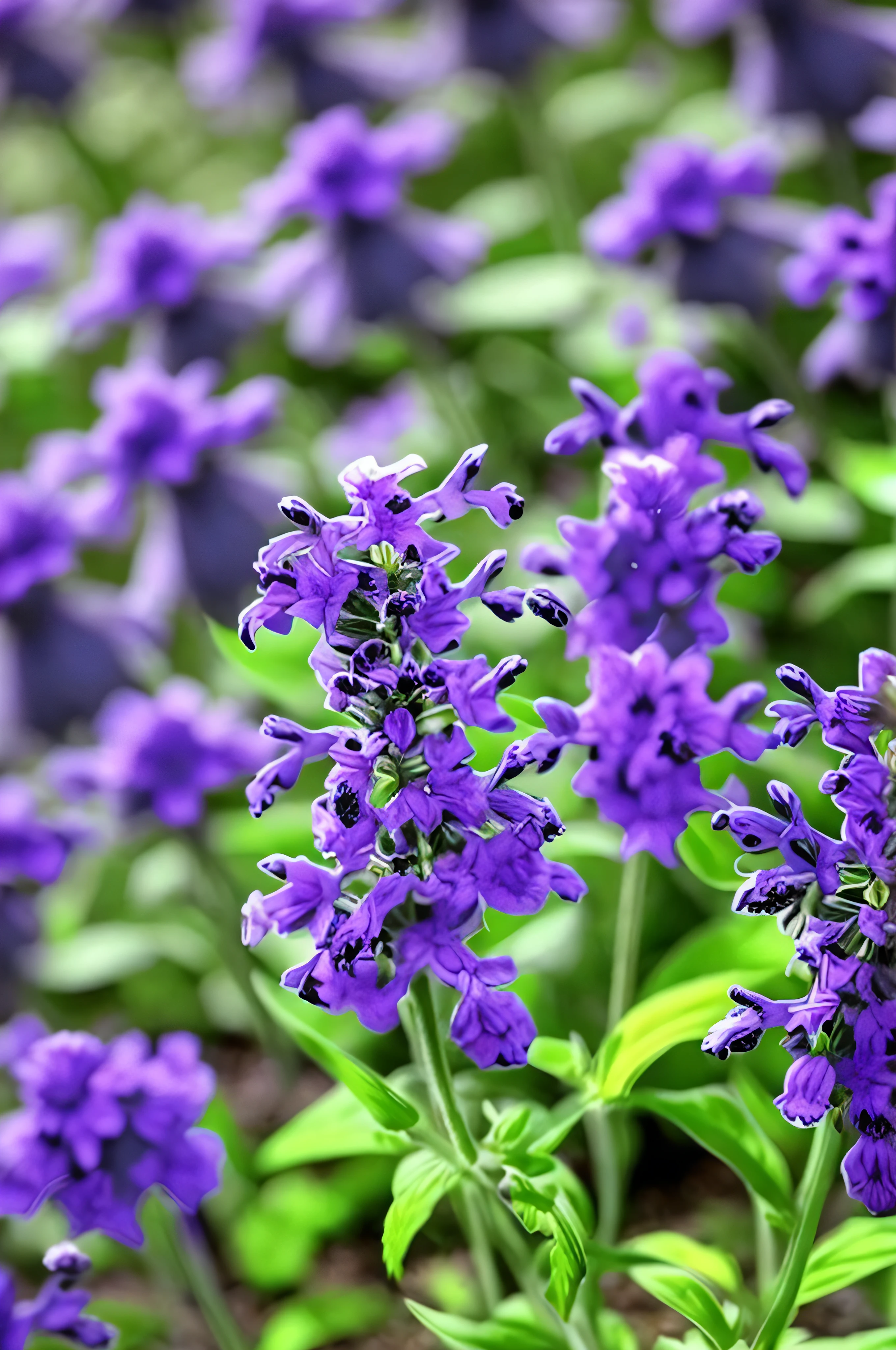 Purple flowers in a green and purple flower garden, salvia, lavender flower, lavender, sage, Violet flowers, Lavender plant, purple flower, Salvia Droid, Lavender fields in full bloom, blue flower field, flower, Violet flower, Medium slate blue flowers, Very shallow depth of field, Lobelia, indigo blooming flowers garden, Violet