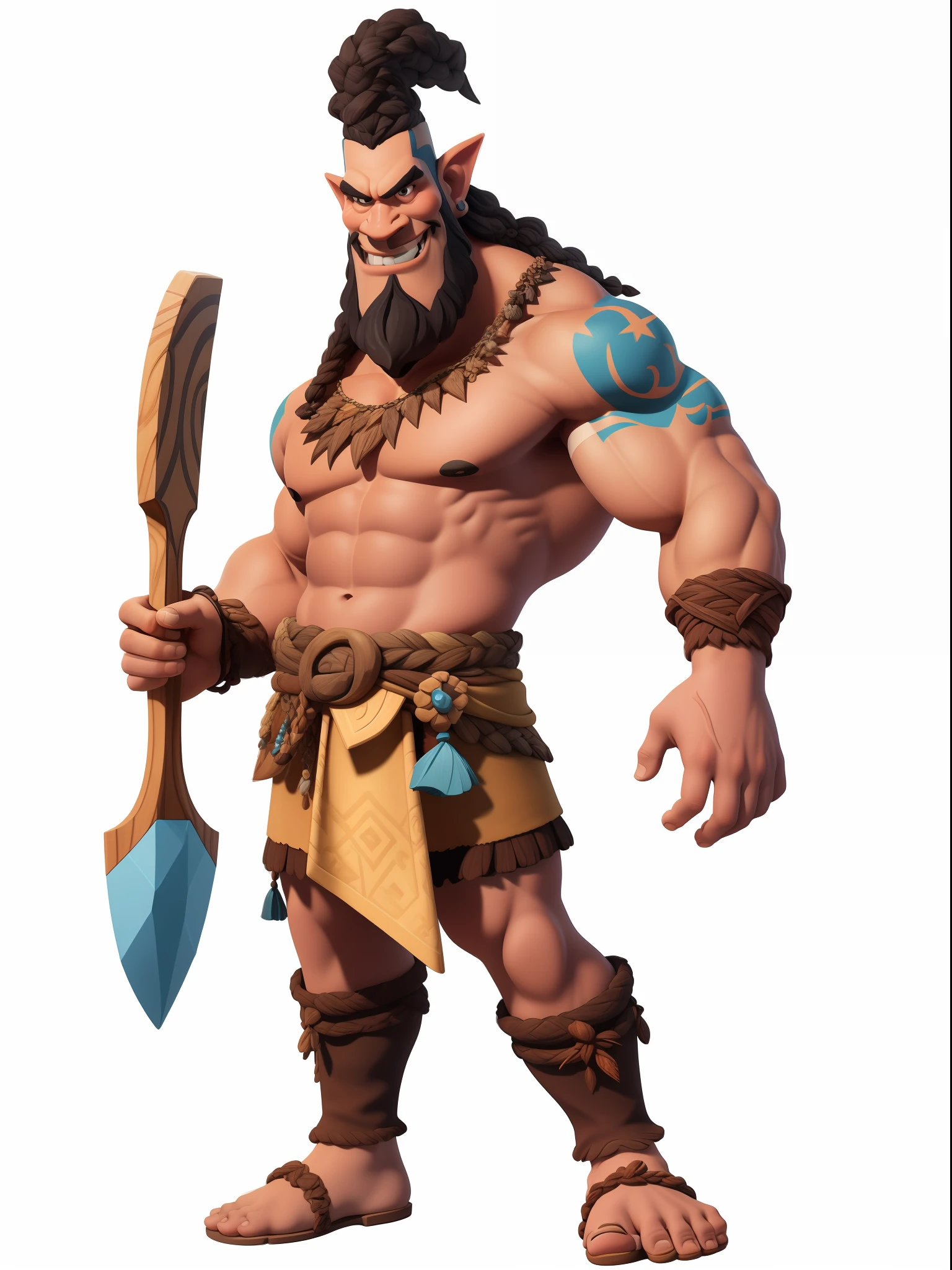 （European and American cartoon Q version、3D model rendering、Primitive barbarian style）1 Beautiful Northern Girl、Full body standing painting，Stone Age、Primordial period，gnome、Clash Royale style、Cartoon model rendering，highly details eye、beauitful face，Charming body，Blue costume，large shield，Full body standing painting，dynamicposes，white backgrounid，tmasterpiece，best qualtiy，Best resolution，8K，