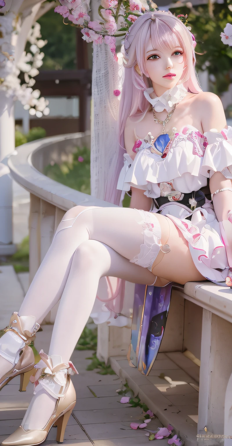 sitting on a bench，Pink hair and white dress, anime barbie in white stockings, elegant glamourous cosplay,, Gorgeous Role Play,, lovely languid princess, cosplay foto, royal elegant pose, Anime goddess, thighhighs and skirt,, cute anime waifu in a nice dress, cosplay