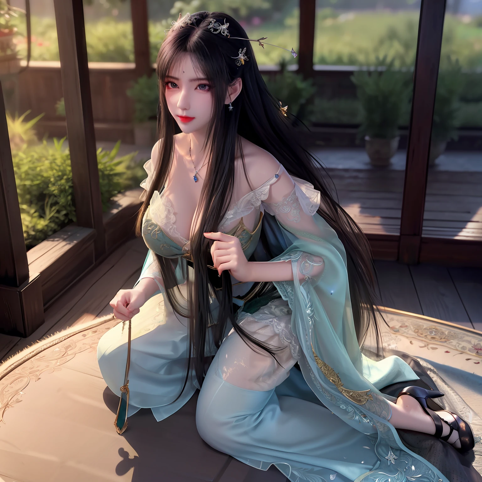 full body,beautiful hands, perfect hands, fingernails,ultra realistic 8k cg, picture-perfect face, flawless, clean, masterpiece, professional artwork, famous artwork, cinematic lighting, cinematic bloom, perfect face, beautiful face, beautiful eyes, fantasy, dreamlike, unreal, science fiction, huge breasts, beautiful clothes,light gauze wide sleeve skirt, lace, lace trim, lace-trimmed legwear, (rich:1.4), prestige, luxury, jewelry, diamond, gold, pearl, gem, sapphire, ruby, emerald, intricate detail, delicate pattern, charming, alluring, seductive, erotic, enchanting, hair ornament, necklace, earrings, bracelet, armlet,halo, ((1girl:1.8, ))