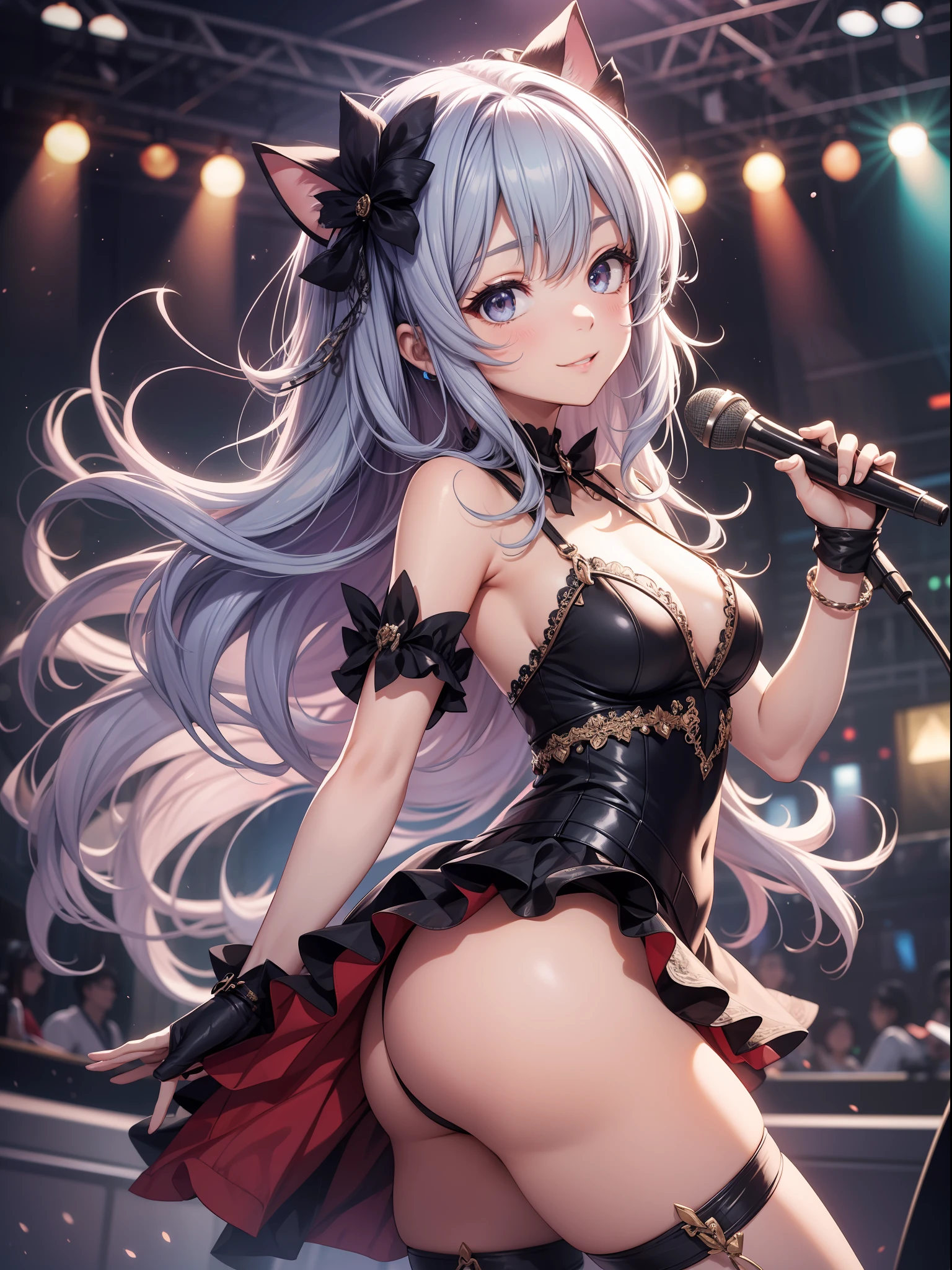 absurderes、ultra-detailliert、masterpiece、top-quality、BREAK、Official art、(Beautifully Aesthetic:1.2)、BREAK、Devilish Pretty Girl 1.2、a beauty girl、(kawaii:⒈3)、、BREAK、colourful hair、Splash、(Mixed blue and pink hair:1.2)、(フラクタルアート1.3)、BREAK、Cat's ears、A sexy、(Cat gloves、Fluffy hands)、BREAK、Like a cat's paw、Short socks、human - shaped、BREAK、AI Concert、BREAK、random eyes、BREAK、Since a while ago、Look at viewers、BREAK、((Above the live stage))、(Cute idol costume、The Idolmaster costume)、Sing while holding the microphone with your left hand、Neon Detail Spotlight、BREAK、BREAK、Shyness、tension、red blush、(Face smiling happily with butt sticking out)、The best smile、BREAK、Versatile poses、BREAK、Standing、BREAK、(Cute Panty Shot Chiller、Cute embroidered string panties)