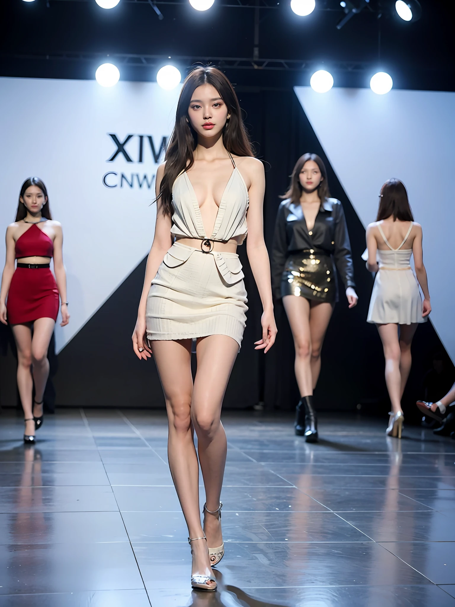 Fashion Week catwalk,On a gorgeous stage,A group of Miss World,Dressed gorgeously,Full body photo of the vista,