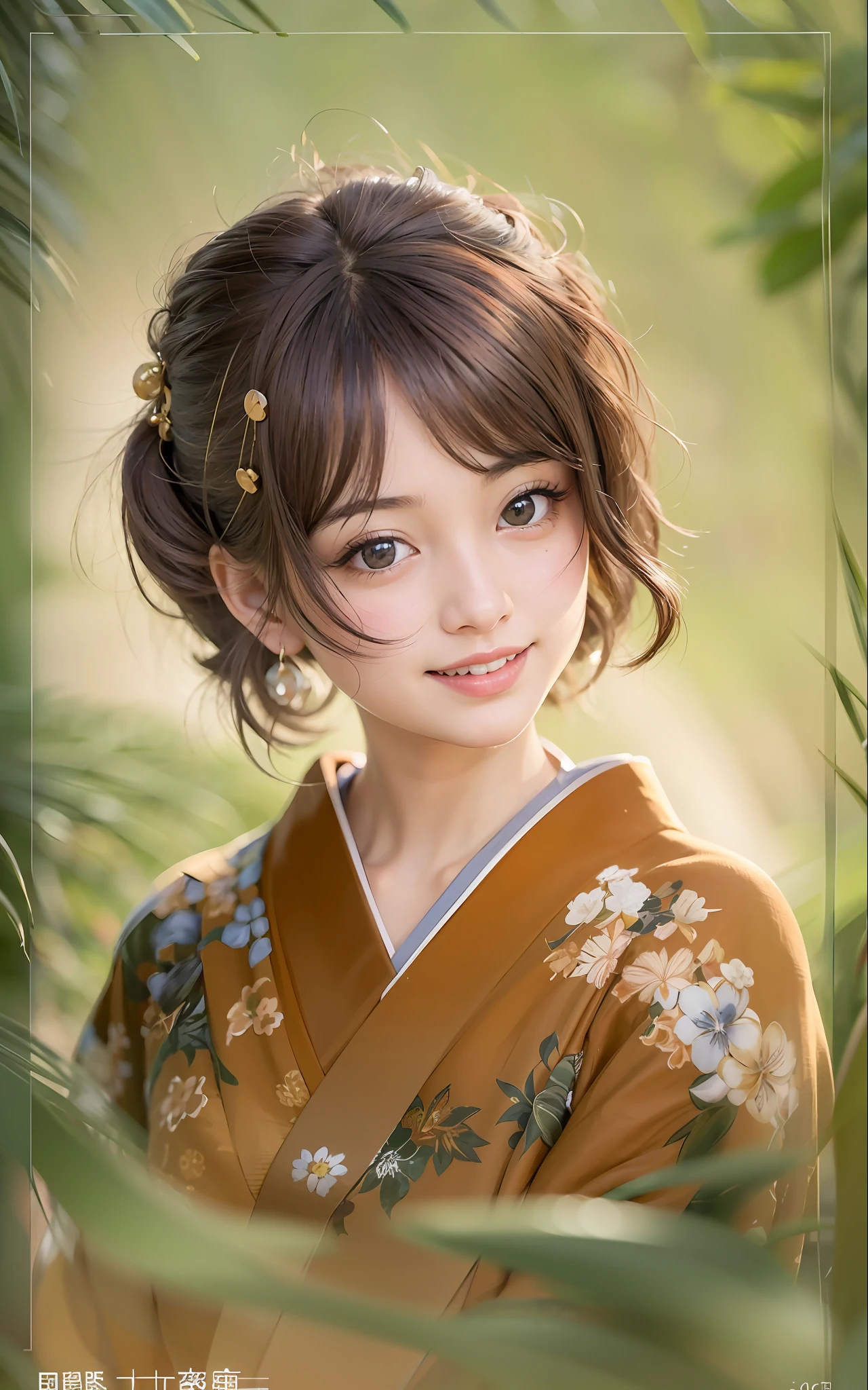 top-quality、Face Focus、超A high resolution、(Realistic:1.4)、Raw photography、(portlate:1.4)、(From Side:1.2) 1日本人の女の子、独奏、cute little、(full of shyness、a smile:1.1)、(Brown-eyed)、detailed beautiful faces、(short-hair)、traditional Japanese kimono、Luxury kimono、no wrinkles at all