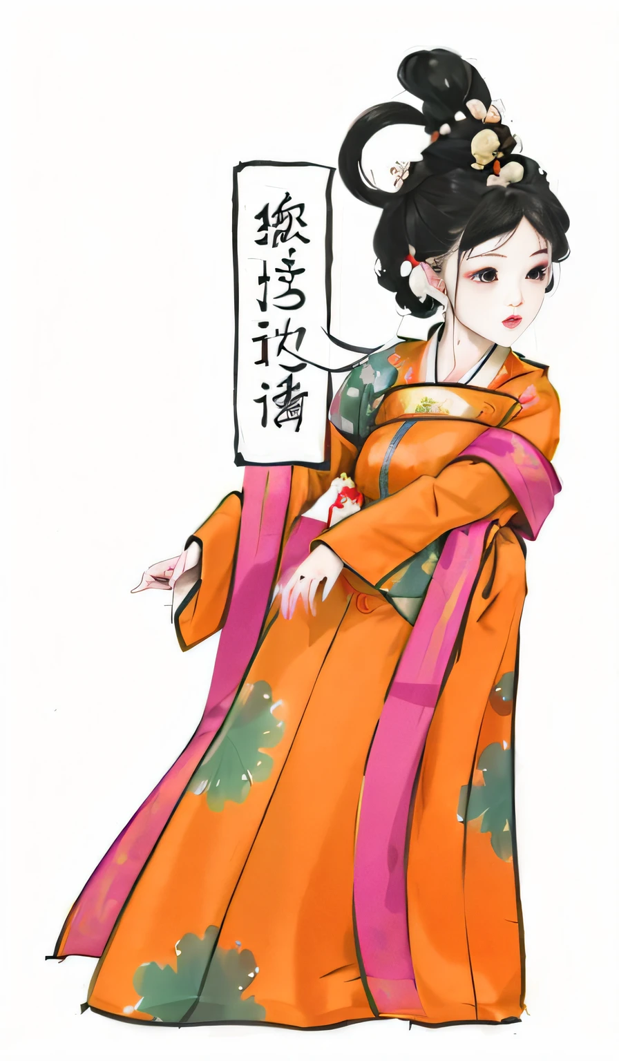A cartoon of a woman in a kimono dress,It reads, Wearing ancient Chinese clothes, inspired by Tang Di, dressed with long fluent clothes, Traditional Chinese clothing, with acient chinese clothes, dressed with fluent clothes, Tang dynasty, Chinese traditional, waving robe movement, Wearing a luxurious silk cloak, Palace , A girl in Hanfu
