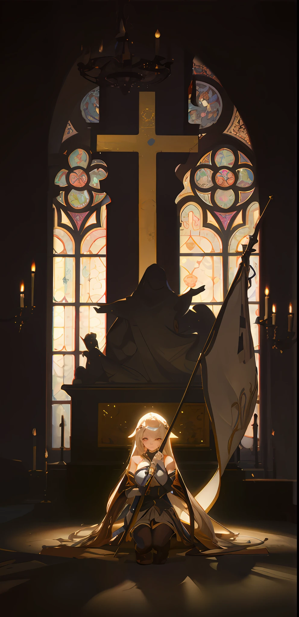 anime big breast,A female figure holding a flag in a church,Works of art in the Guvez style,Guweiz work on ArtStation and Pixiv,Popular works by Guvitz,Krentz-Kushart,Works by Arai,A masterpiece by Guvitz,zerochan art。