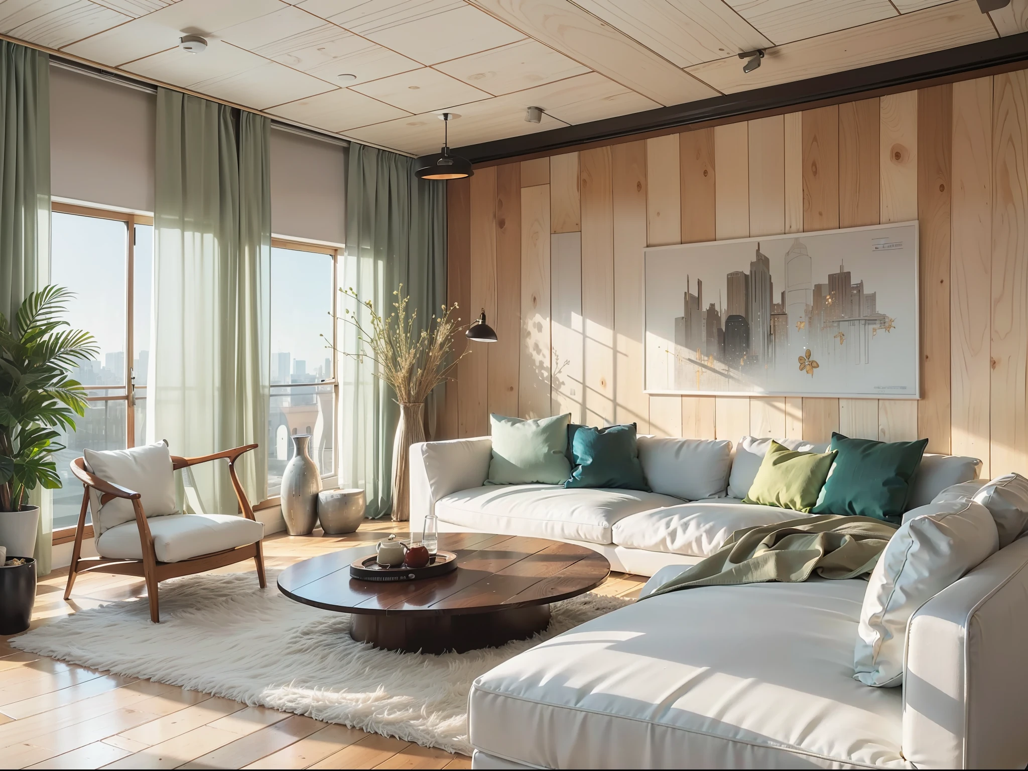 a sketch of a beautiful modern living room, (((foster and partners, artists impression, artistic impression, by Hamish MacDonald, by Carey Morris, by David Brewster, higher detailed illustration, by Helen Berman, an illustration, detailed illustration, by Nick Fudge, by Warren Mahy, artist's impression))), a kitchen cabinet behind the white sofa, with minimal pictures on the wall, linen curtain next to the classroom window, coffee table, modern wood, ceiling with magnetic emissive lighting, white fabric PRB textures, wooden floor PRB texture,