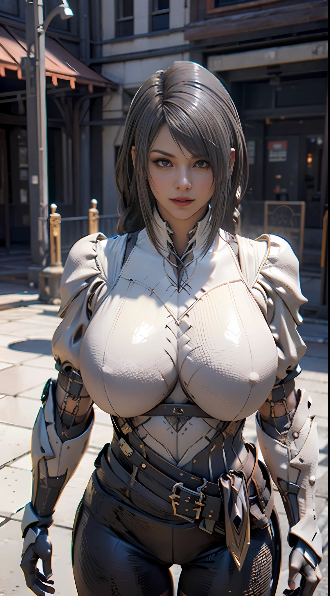 ((Unreal Engine 5)), Realistic Rendering, Excellent, Full armor, knight Cloak, helm, (Yoga hotpants), looking on camera, sexy posing walking down on street, beautiful face, makeup, CGImix, (photorealism:1.2), ultrarealistic uhd face, (huge fake boobs:1.4), (gigantic breasts:1.1), (muscle abs), (big butt), (wide hips), (thick thighs), slim waist, hourglass figure, half body, ((glowing skin)), ((shiny skin)), Realistic body, ((she is sexy body)), ((clean skin)), photorealistic, bokeh, motion blur, masterpiece, highres, 1080P, super detail, textured skin