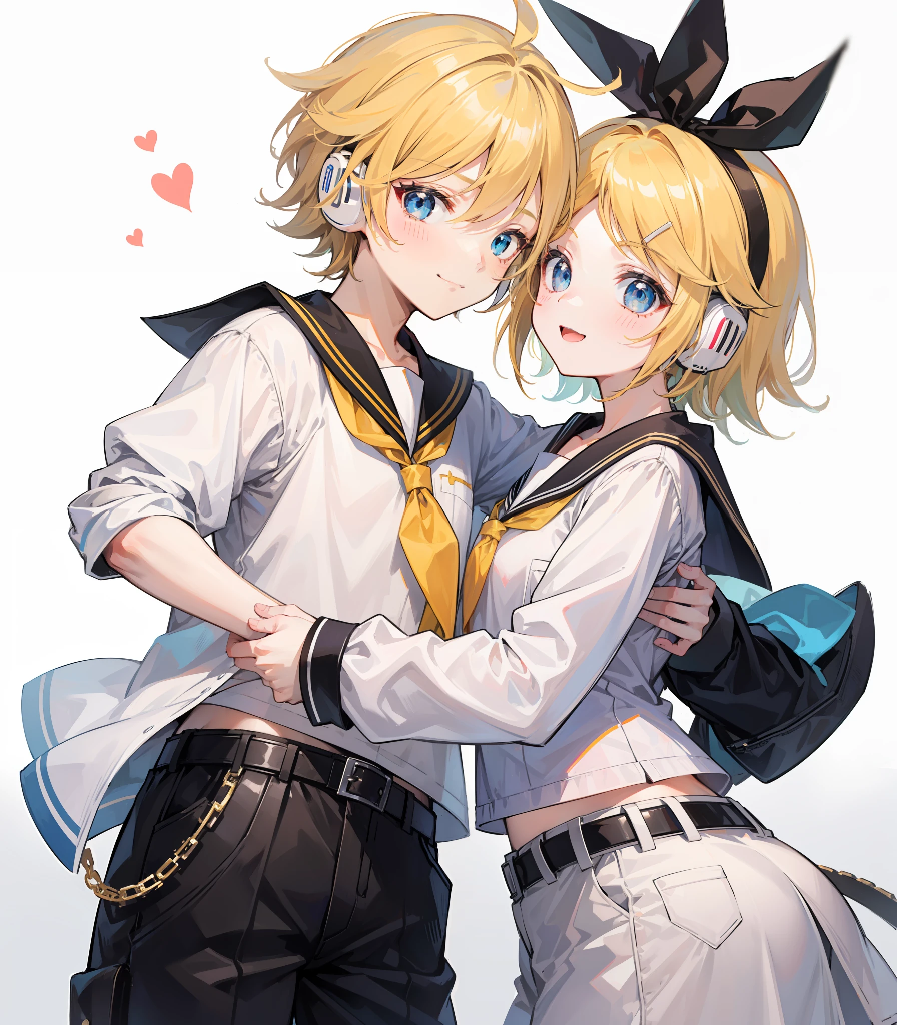 best quality, ultra precision, (only two person), (one boy and one girl), (a boy is Kagamine_Len), (a girl is Kagamine_Rin), blue eyes, cute, short hair, head phone, blond hair, sailor uniform, white shirt, black short pants, belt, yellow necktie, smile, love each other, sibling, children, (boy is as tall as girl), kids, characters focus, couple, love each other, white background, look at each other, (platonic love), cool boy, cute girl, (hug), cowboy shot, blush, about to kiss, boy is cowlick, (little boy), in close contact, picture of two people, smile at each other, happy, beautiful eyes, shota and loli