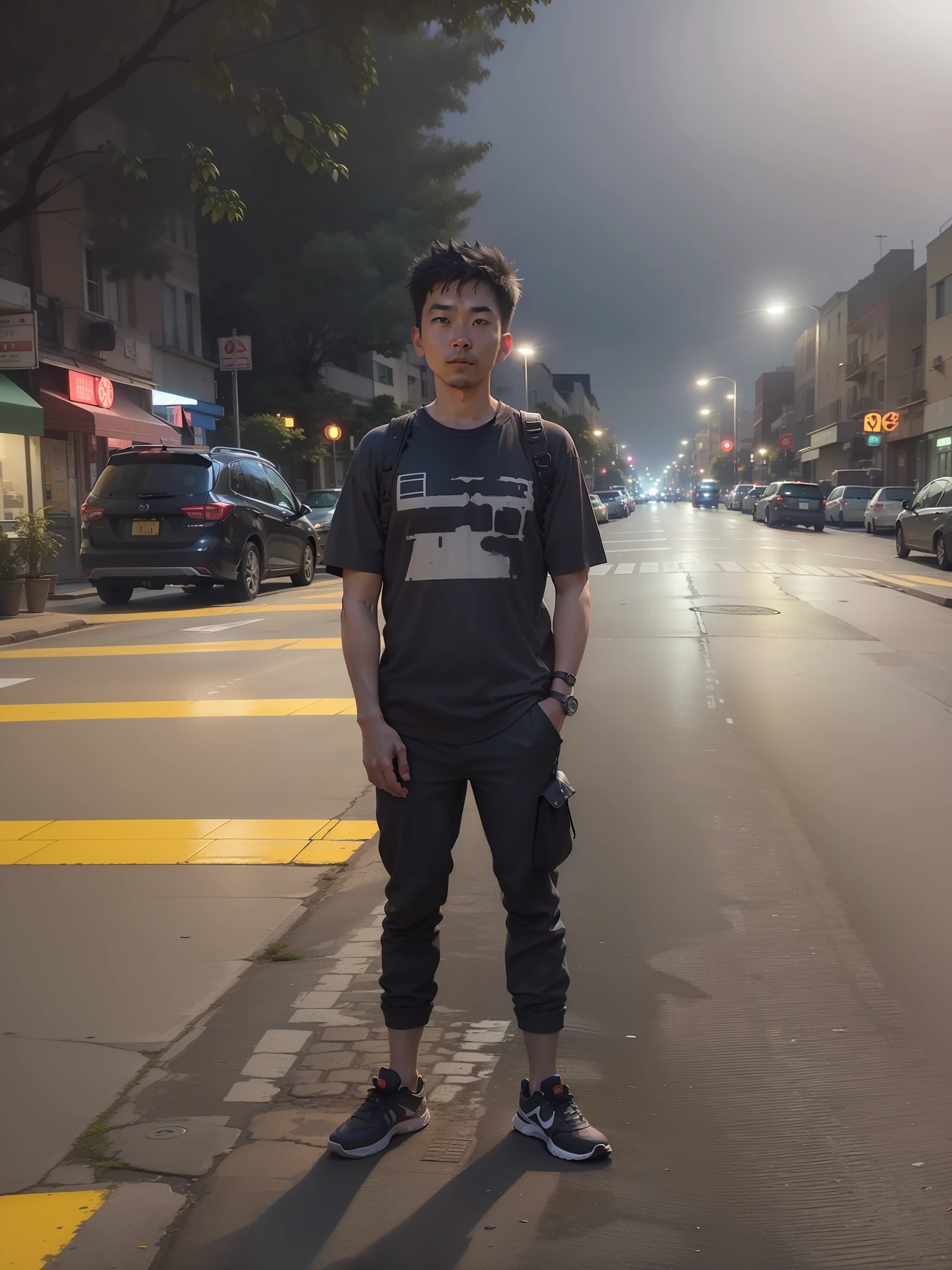 there is a man standing on the street at night with his shoes on, standing in street, standing on street corner, standing in road, standing in the street, standing in a city street, standing on the street, it's night time, during night, profile picture 1024px, full body photogenic shot, night time, evening time, standing in the streets