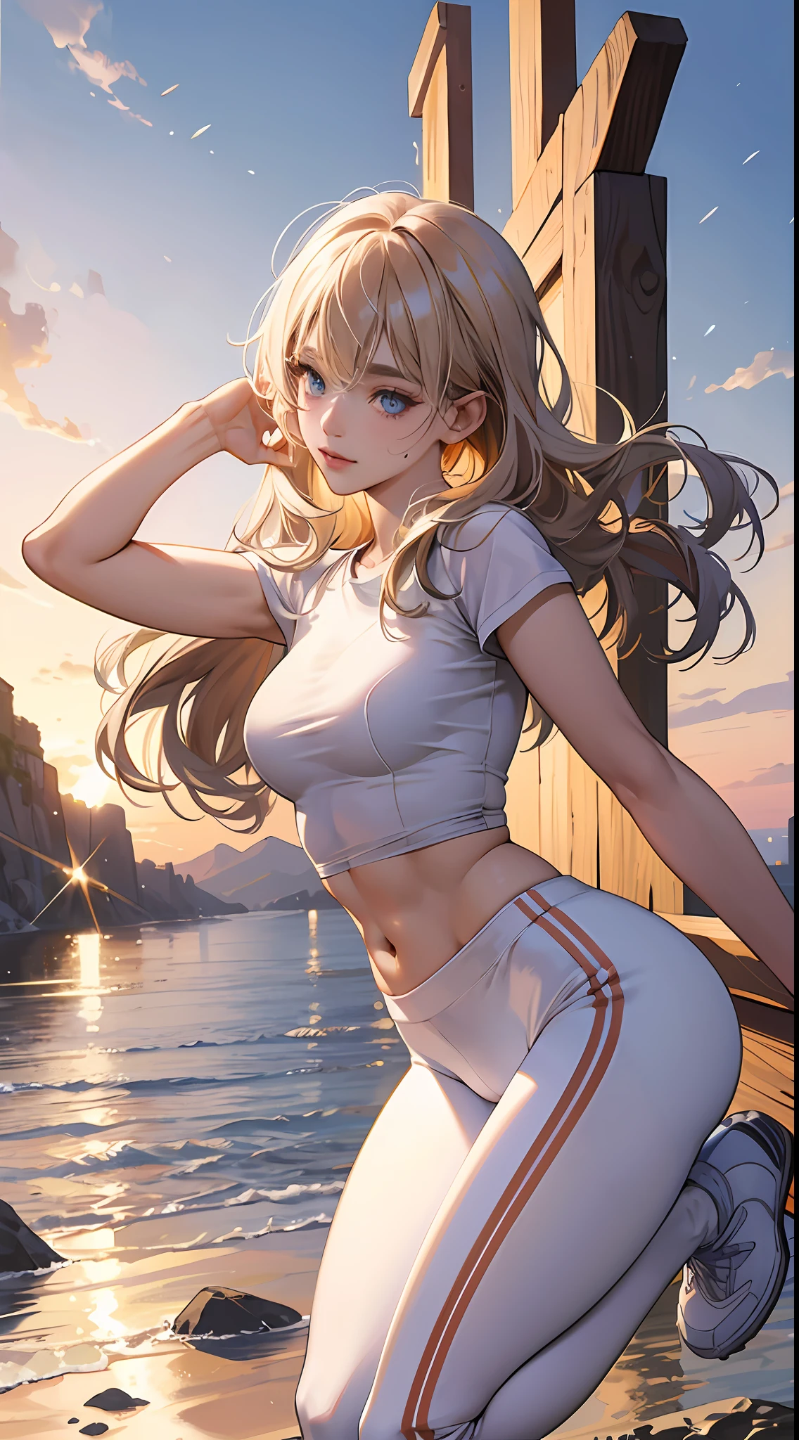 (hyperrealistic), (illustration), (high resolution), (8K), (extremely detailed), (best illustration), (beautiful detailed eyes), (best quality), (ultra-detailed), (masterpiece), ( wallpaper), (detailed face), solo, 1 girl, white wavy hair, korean, heterochromic eyes, small moles under the eyes, loose white shirt, yoga pants, big breasts, long legs, tight abs, camel toes, dynamic pose --auto