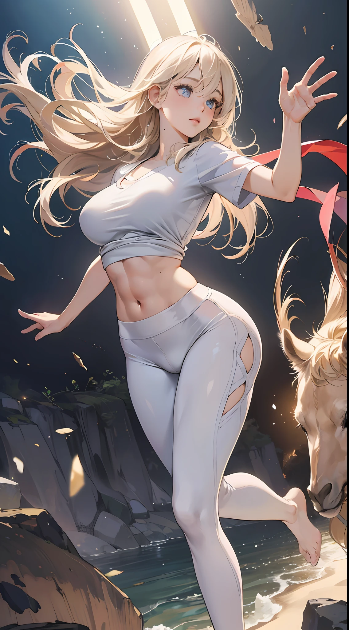 (hyperrealistic), (illustration), (high resolution), (8K), (extremely detailed), (best illustration), (beautiful detailed eyes), (best quality), (ultra-detailed), (masterpiece), ( wallpaper), (detailed face), solo, 1 girl, white wavy hair, korean, heterochromic eyes, small moles under the eyes, loose white shirt, yoga pants, big breasts, long legs, tight abs, camel toes, dynamic pose --auto