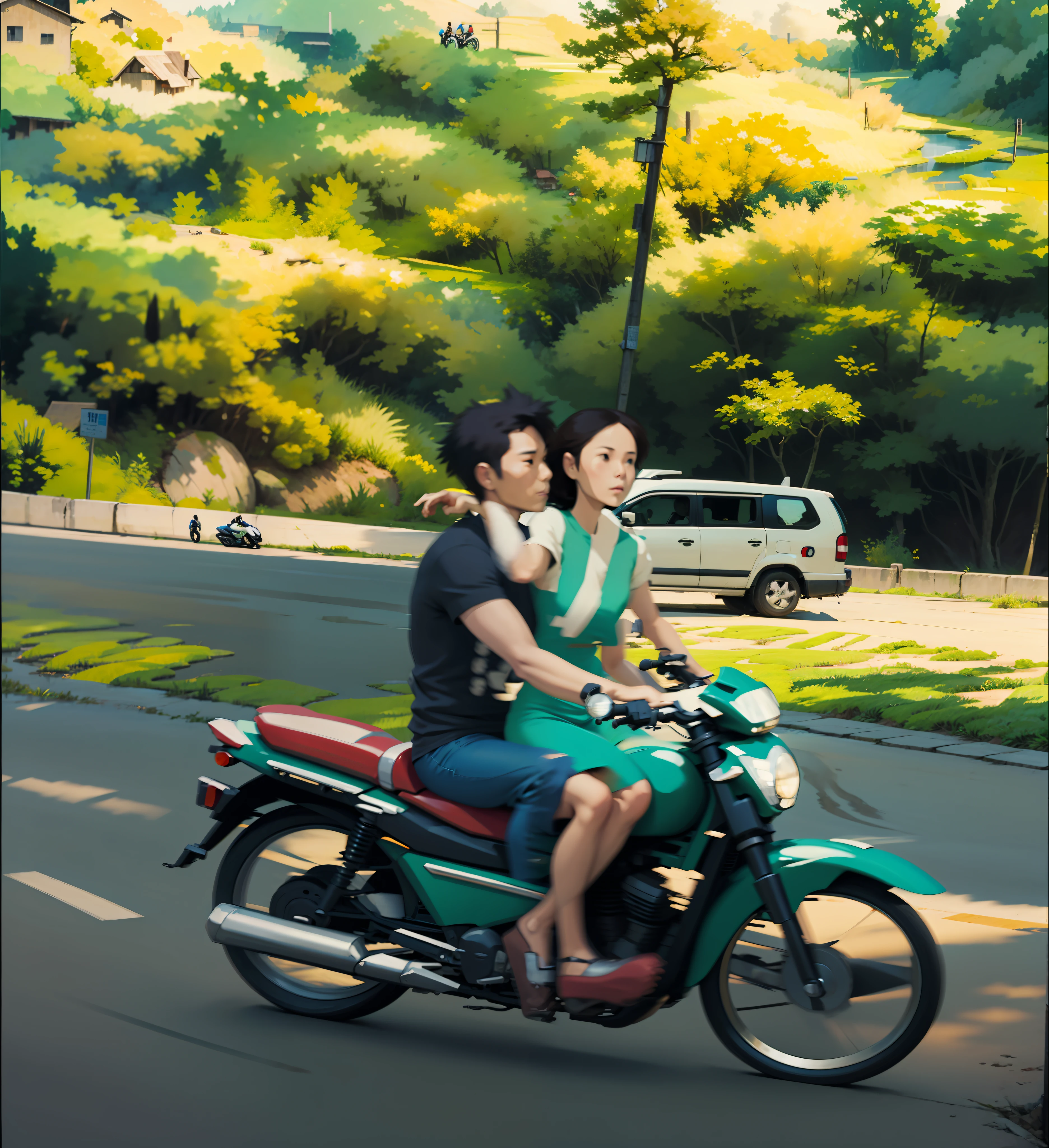 A couple riding a motorcycle along a countryside, rice fields