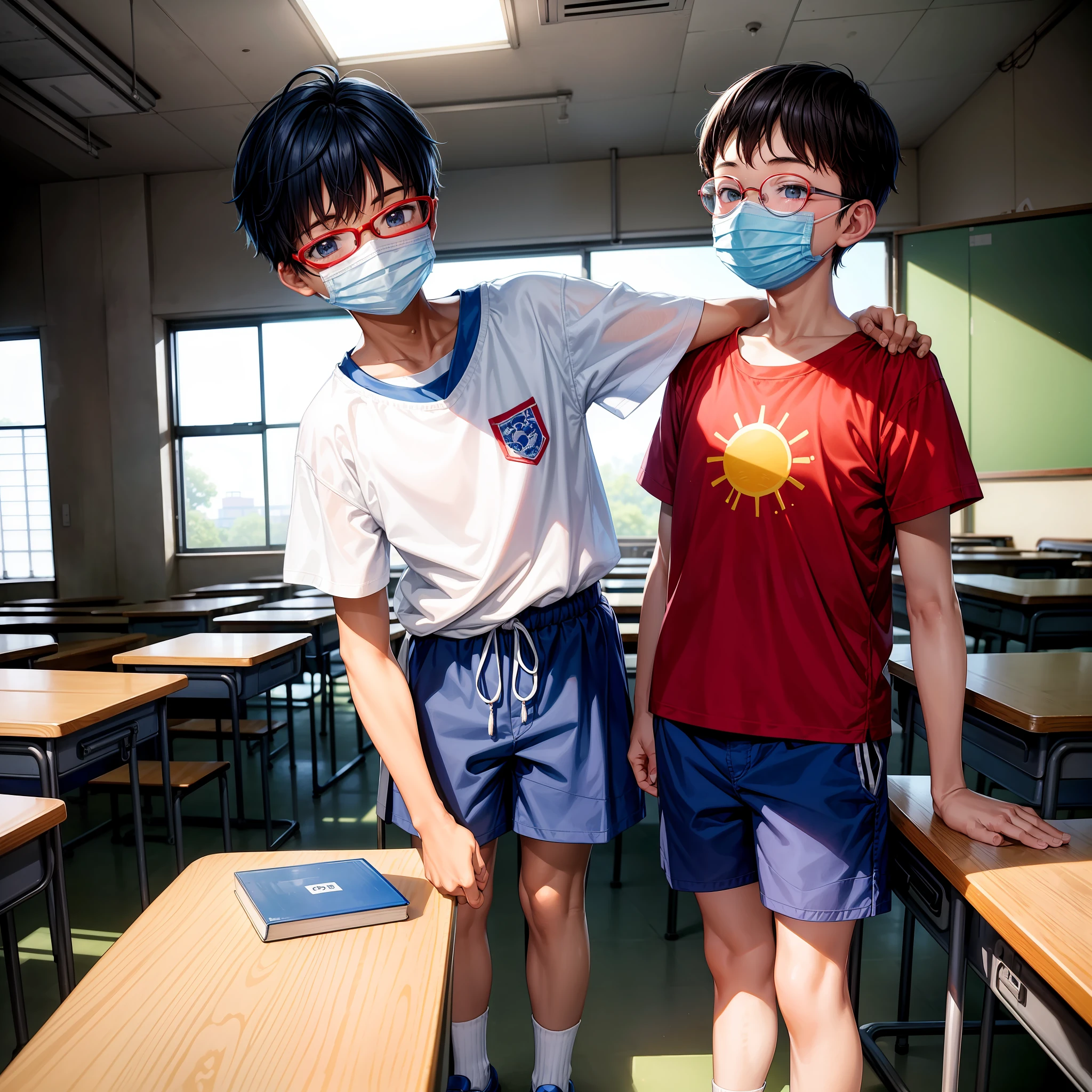 A -yeld botands in a classroom，Be red in the face，Cute and cute，Clear round frame glasses，Blue mask，Slightly hunched，White top，blue short pants，Untidy bangs，scratching head，Smile awkwardly，Board shoes。and the sun was shining brightly，mid day，‎Classroom，Japan 2D