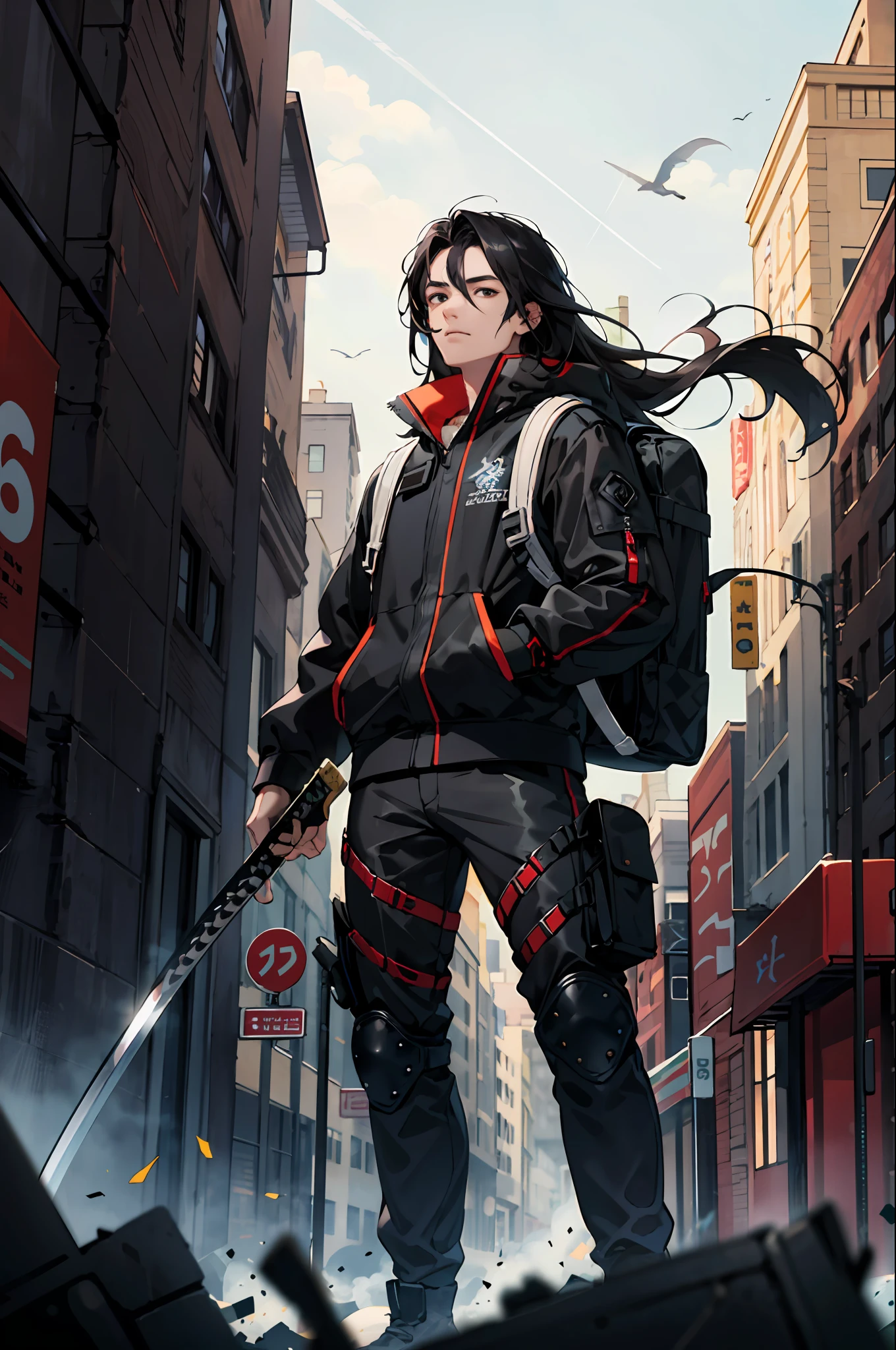 masterpiece, top quality, best quality, official art, beautiful and aesthetic:1.2), teen man, young man, man of 16, extreme detailed,(fractal art:1.3),colorful,highest detailed, black hair, long hair, wavy hair, black eyes, big city, destroyed city, zombies around, katana in hand, backpack, wind, protective clothing