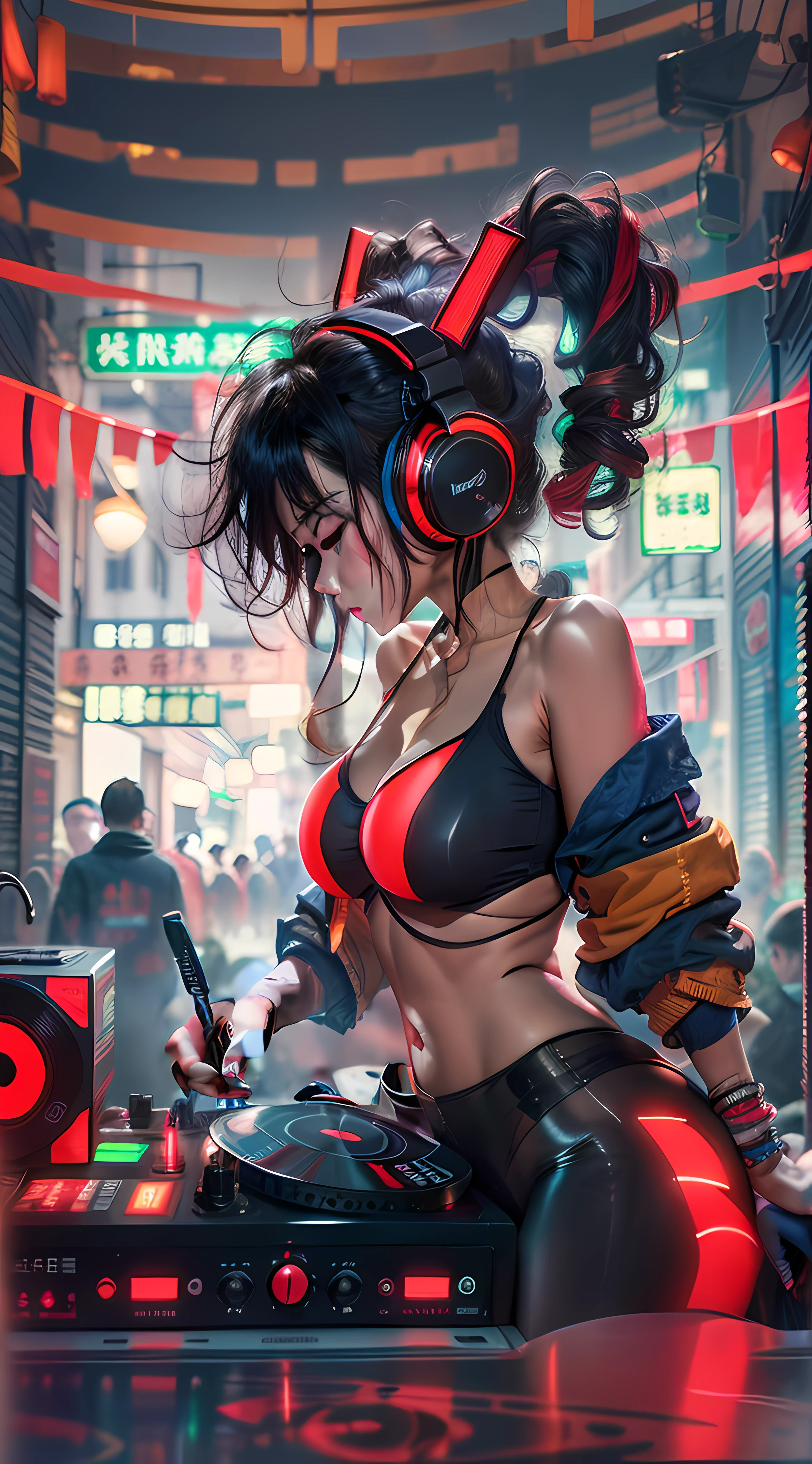 There is a woman wearing a bikini and headphones playing music, trending on cgstation, Ross Tran 8 K, Digital cyberpunk anime art, digitl cyberpunk - anime art, alena aenami and artgerm, Cyberpunk art style, cyberpunk beautiful girl, cyberpunk atmosphere, Beautiful digital artwork, cyberpunk anime girl, anime cyberpunk art, Cyberpunk girl, alena aenami and android jones