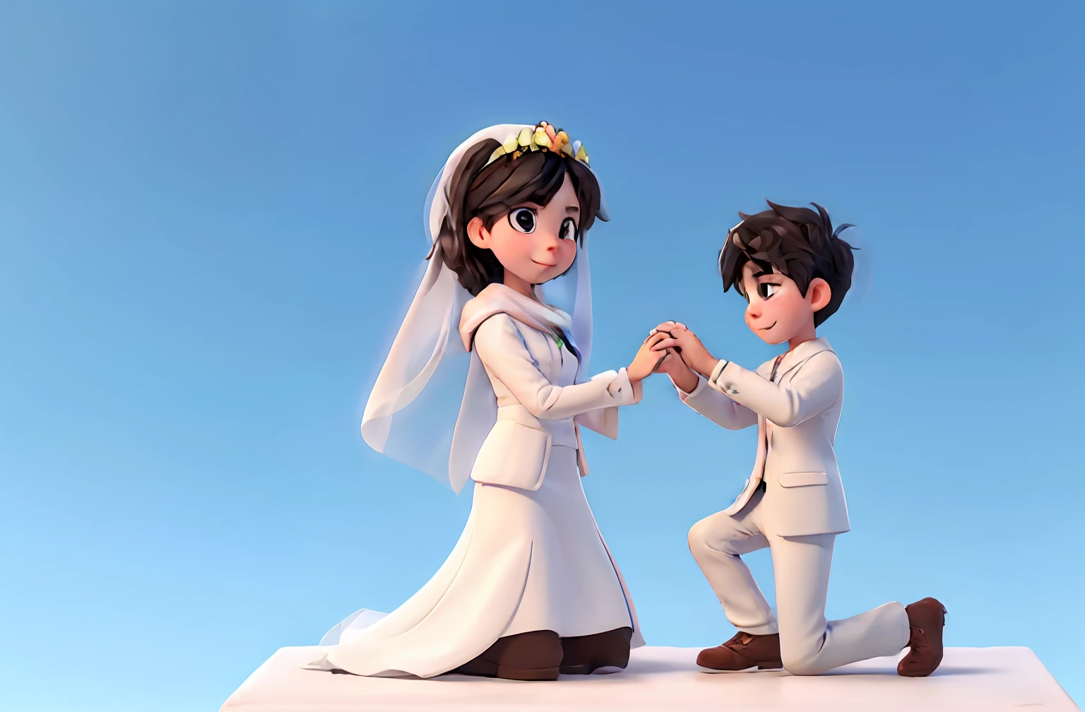 Boy half-kneeling girl holding ring in her hand proposes,Girl wearing white wedding dress,Wear a scarf on your head,The boy wears a suit,high qulity,A high resolution