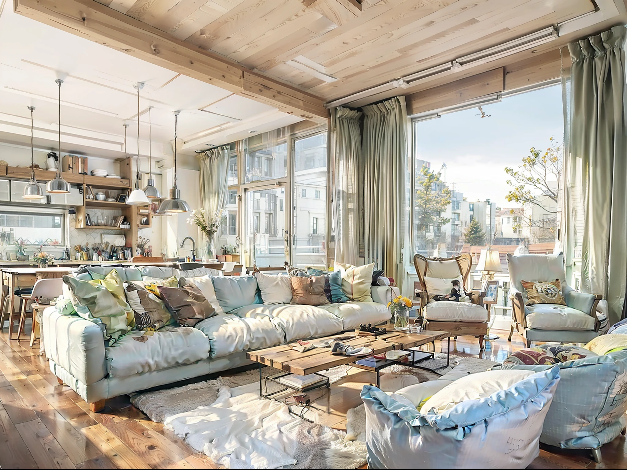 a sketch of a beautiful modern living room, (((foster and partners, artists impression, artistic impression, by Hamish MacDonald, by Carey Morris, by David Brewster, higher detailed illustration, by Helen Berman, an illustration, detailed illustration, by Nick Fudge, by Warren Mahy, artist's impression))), a kitchen cabinet behind the white sofa, with minimal pictures on the wall, linen curtain next to the classroom window, coffee table, modern wood, ceiling with magnetic emissive lighting, white fabric PRB textures, wooden floor PRB texture,