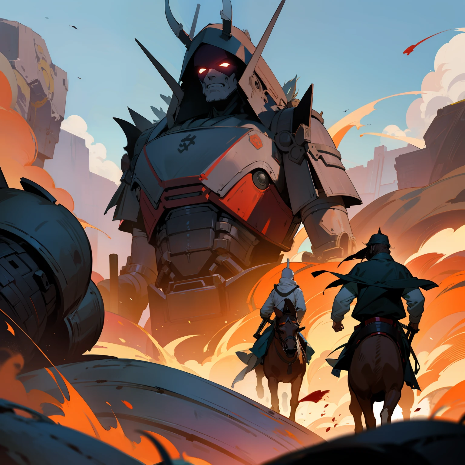 young male,Drive an ancient mech,A group of Muslim horseback samurai behind him serves as the background,The corpse mountain stood in a sea of blood