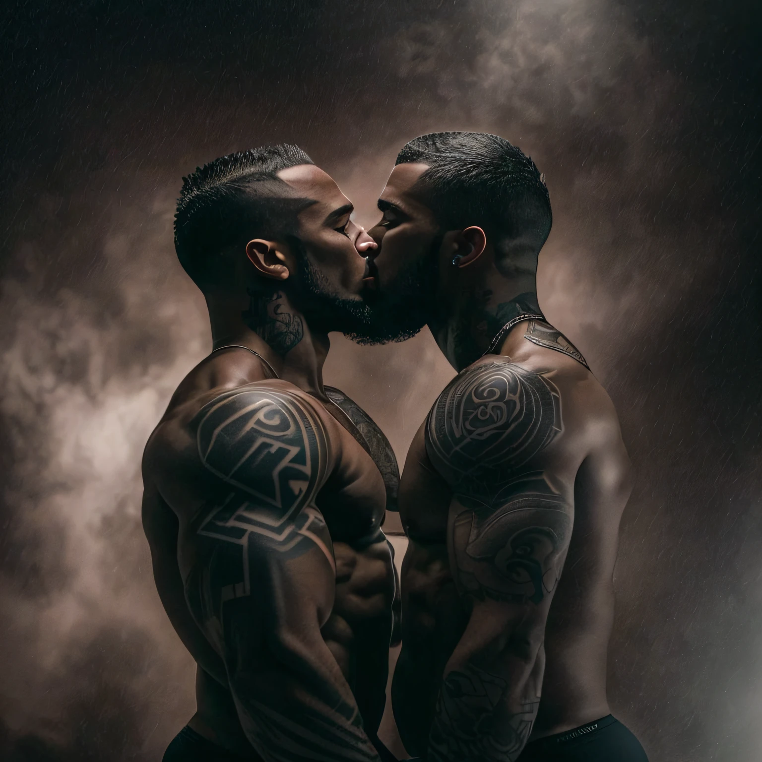 (two deeply passionate, naked black tattooed bodybuilder men kissing intensely in a dark and moody atmosphere) seen from a low angle, includes back view