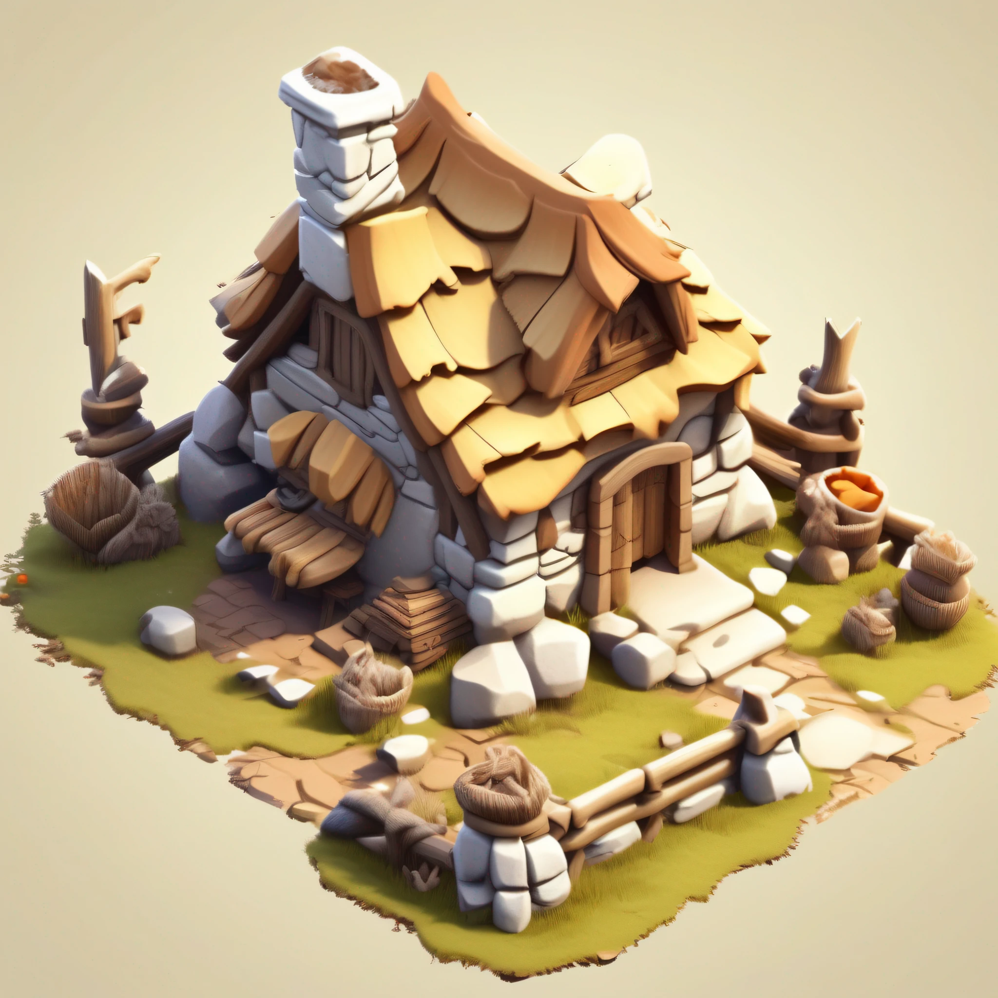 (European and American Q version cartoon architecture,Primitive tribal farm design),cartoonish style, Game architectural design,(Ivory decoration,wood, Stone bricks,Forest elements,Single-storey building),(3D model rendering、Primitive barbarian style),white backgrounid,Stone Age,Primordial period,clash of clans style,Cartoon model rendering,low poly, best detail, tmasterpiece, best qualtiy, toon rendering, 8K