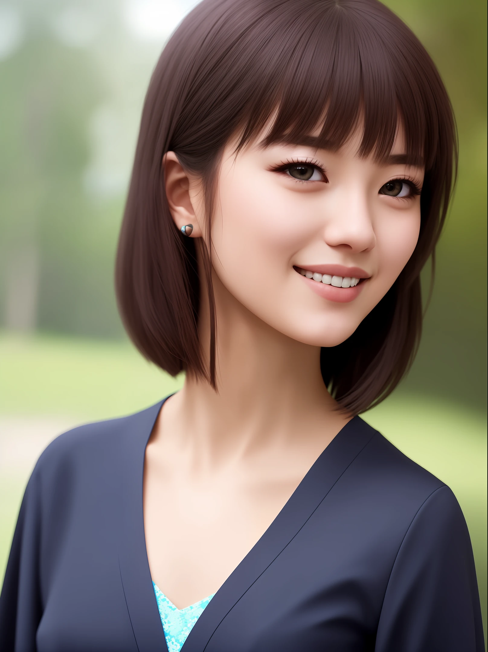 (parks:1), mid afternoon, Doctor Gown, Short black fringed hair, largeeyes, 1girll, Innocent, (Photorealistic), (Intricate details:1.2),(Masterpiece, :1.3),(Best quality:1.4), (超高分辨率:1.2), 超高分辨率, (Detailed eyes), (Detailed facial features), hdr, 8K resolution, (Lens flare:0.7), Turn around,ssmile