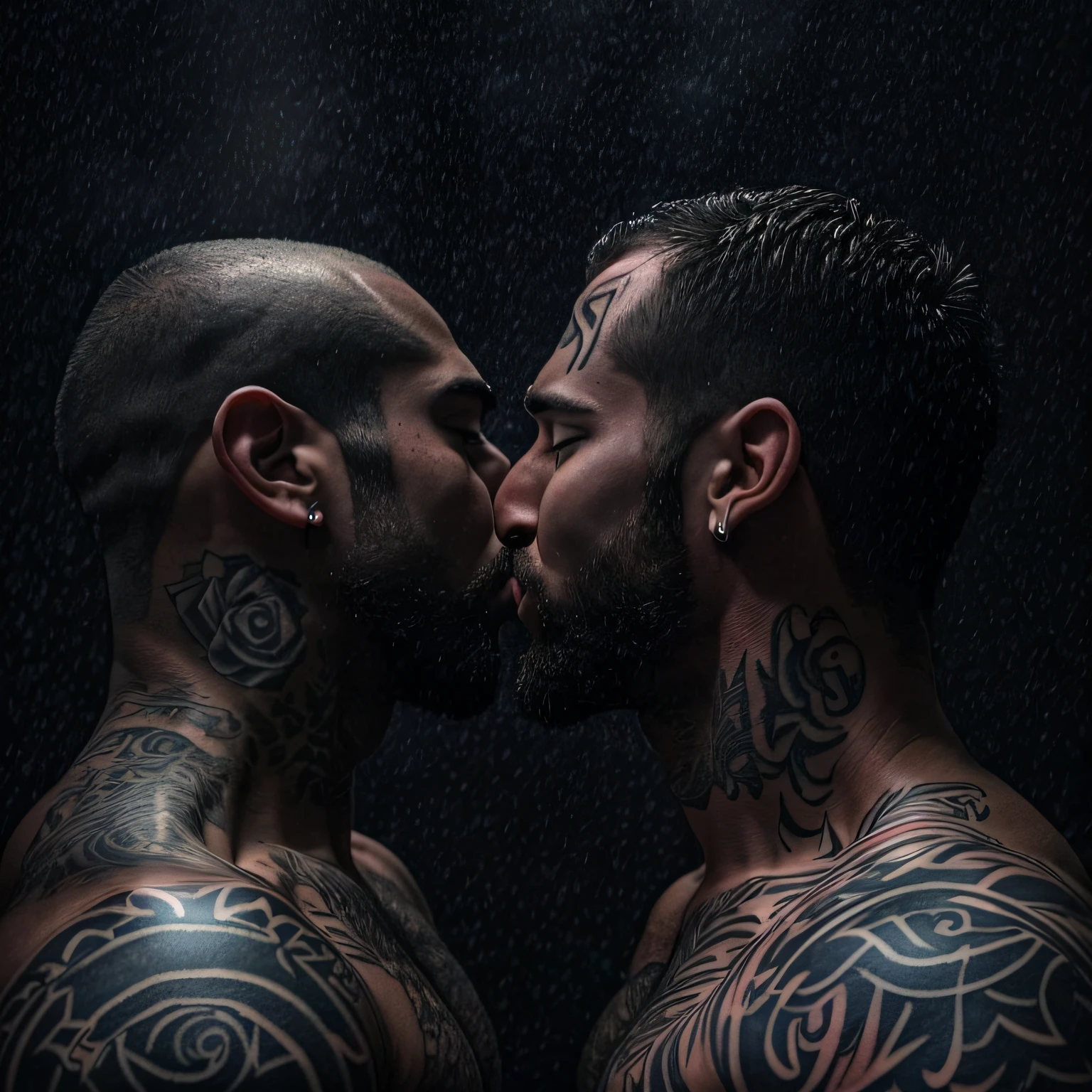 (two deeply passionate, naked black tattooed bodybuilder men kissing intensely in a dark and moody atmosphere) seen from a low angle, includes back view