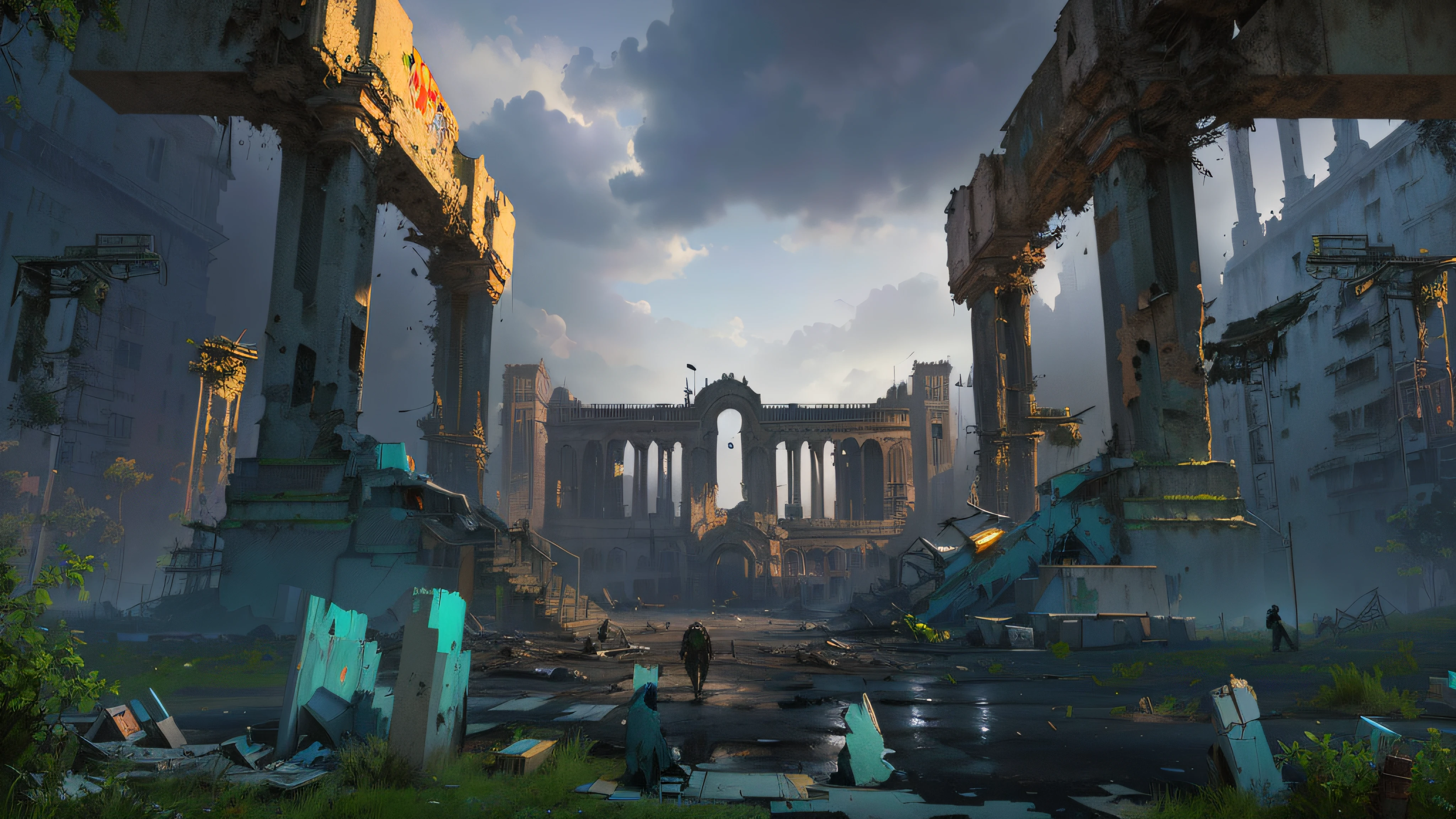 There are plenty of stairs,An abandoned square that smells of wasteland, Doomsday European and American City Square,In the center of the square is a huge statue,The building is dilapidated,Doomsday wasteland style,inspired by Ismail Inceoglu, Ismail Inceoglu, dramatic concept art, concept-art , highly rendered, concept art for a video game, game art matte painting, highly realistic concept art, author:Ismail Inceoglu, concept world art, author:Luis Miranda