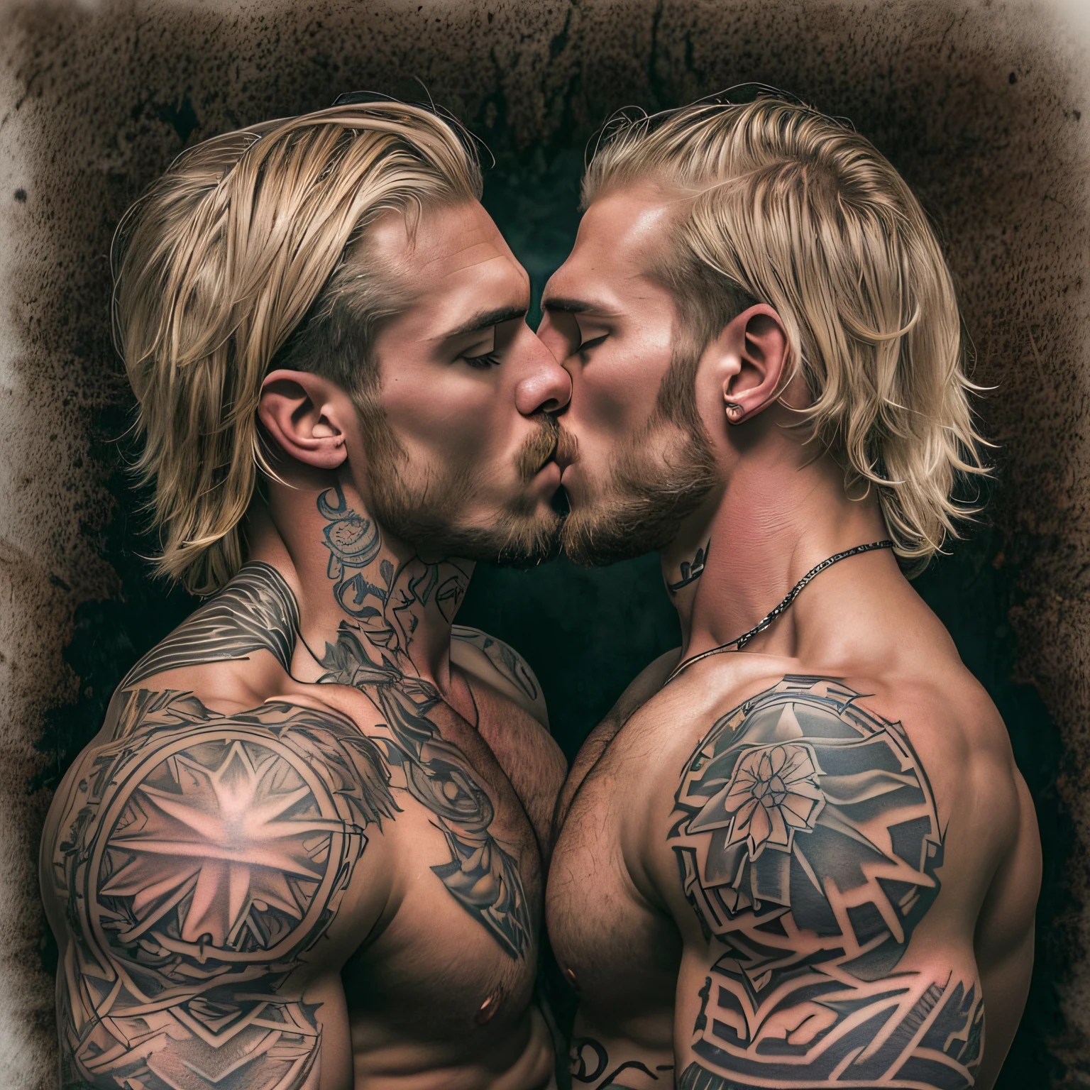 (two deeply passionate, naked tattooed blonde bodybuilder men kissing intensely in a dark and moody atmosphere) seen from a low angle, includes back view