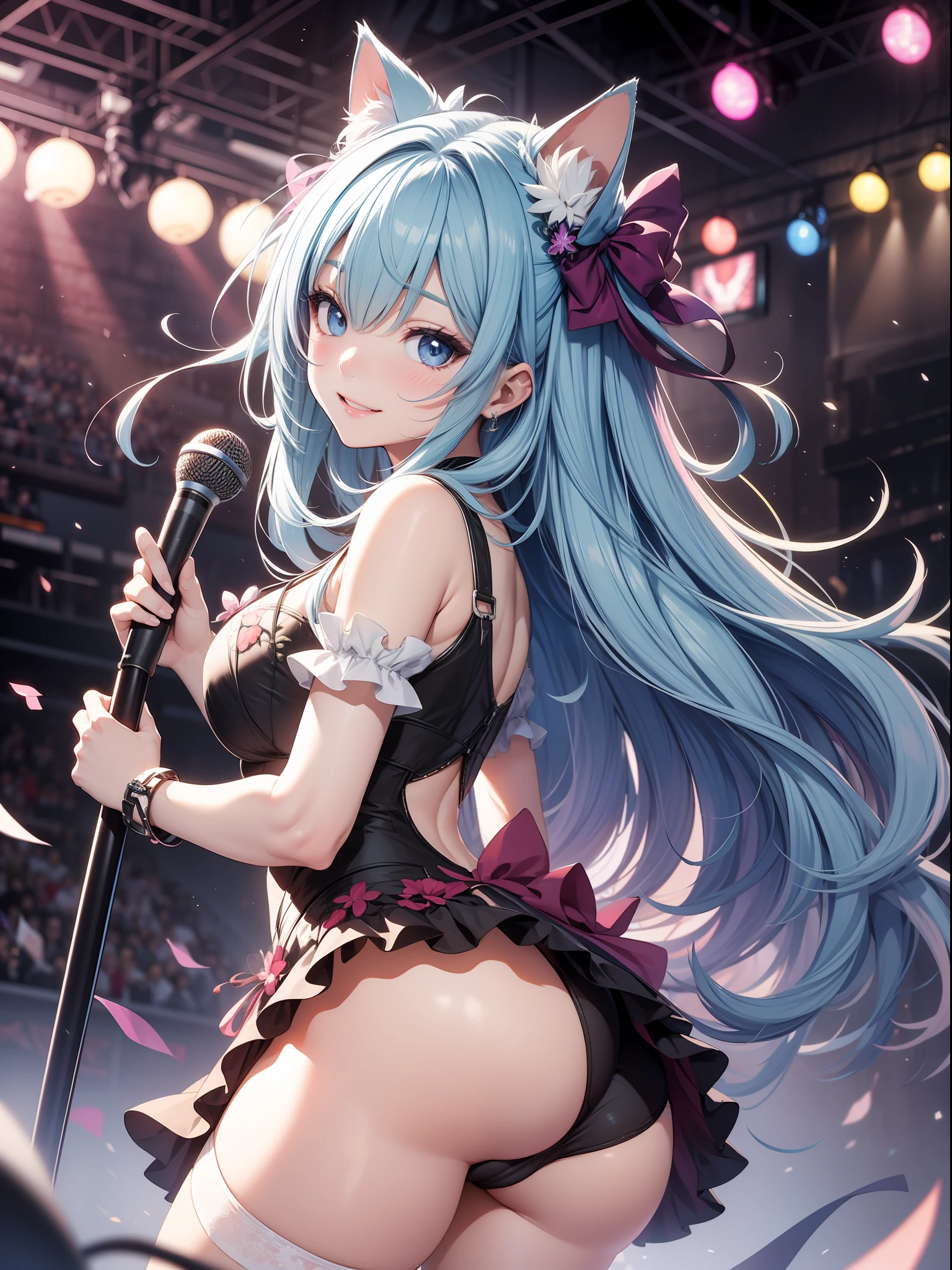 absurderes、ultra-detailliert、​masterpiece、top-quality、BREAK、Official art、（Beautifully Aesthetic：１.２）、BREAK、Devilish Pretty Girl 1.2、a beauty girl、（kawaii：⒈３）、sixteen years old、BREAK、colourful hair、Splash、（Mixed blue and pink hair：１.２）、(フラクタルアート1.３)、BREAK、Cat's ears、A sexy、（Cat gloves、Fluffy hands）、BREAK、Like a cat's paw、Short socks、human - shaped、BREAK、AI Concert、BREAK、random eyes、BREAK、From Side、Look at viewers、BREAK、((Above the live stage))、Coming Idol Costume、Sing while holding the microphone with your left hand、Neon Detail Spotlight、BREAK、BREAK、Shyness、tension、red blush、(Face smiling happily with butt sticking out)、The best smile、BREAK、Versatile poses、BREAK、Standing、BREAK、(Cute panty shot、Cute embroidered string panties)
