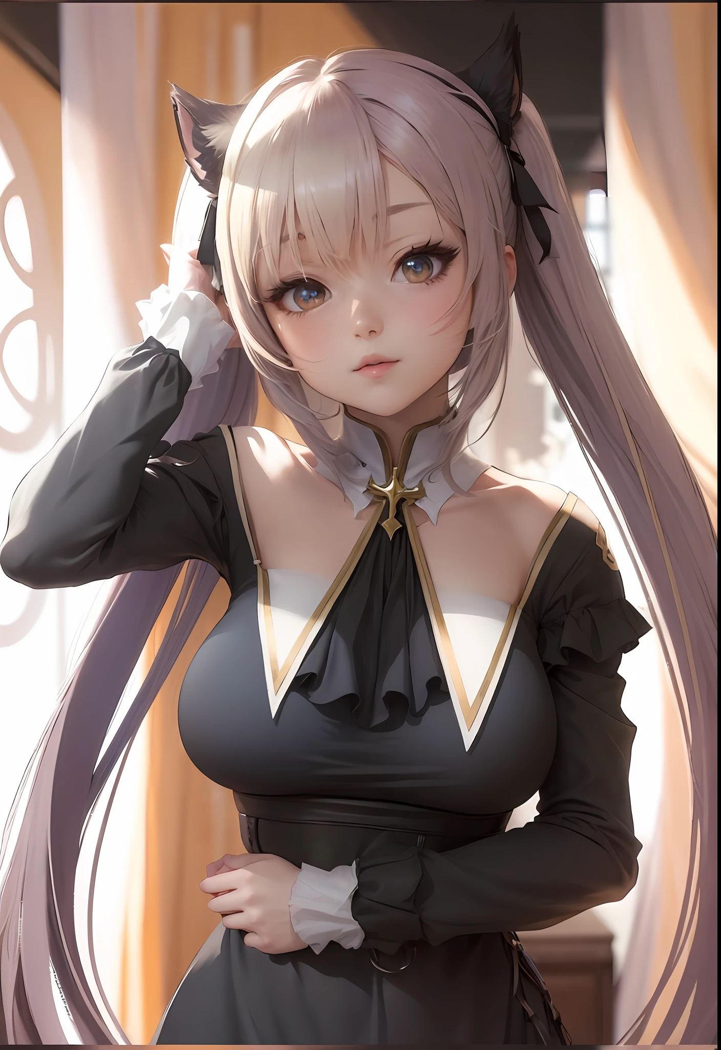 tmasterpiece,Great masterpiece,hyper realisitc,best qualtiy,Anime girl with long hair and horns in a sheer black dress, from girls frontline, azur lane style, anime girl with cat ears, 《azur lane》role, A scene from the《azur lane》videogame, Anime moe art style, anime visual of a cute girl, Fine details. Girl front, Blonde anime girl with long hair, inspired by Li Chevalier, girls frontline style