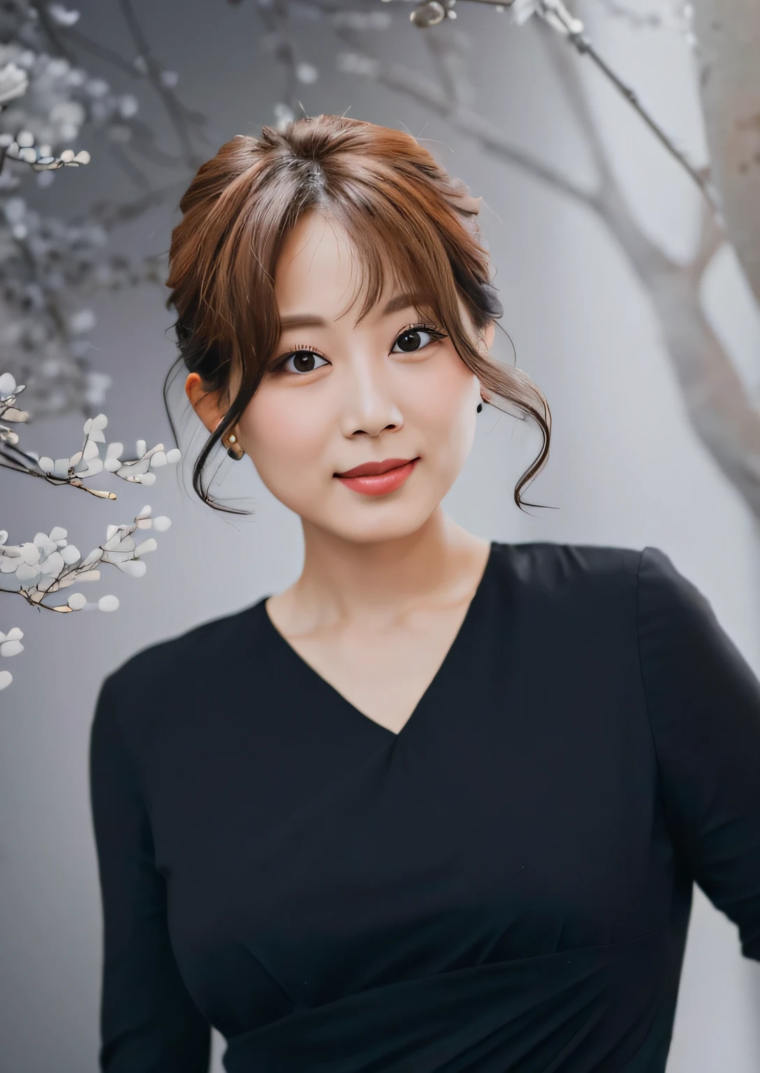 There is a woman, posing for a photo in a black dress with a V-neck, Beautiful elegant dress with a curly neckline,  korean female, Gemma Chen, harumi, On a beige background, Black Hands