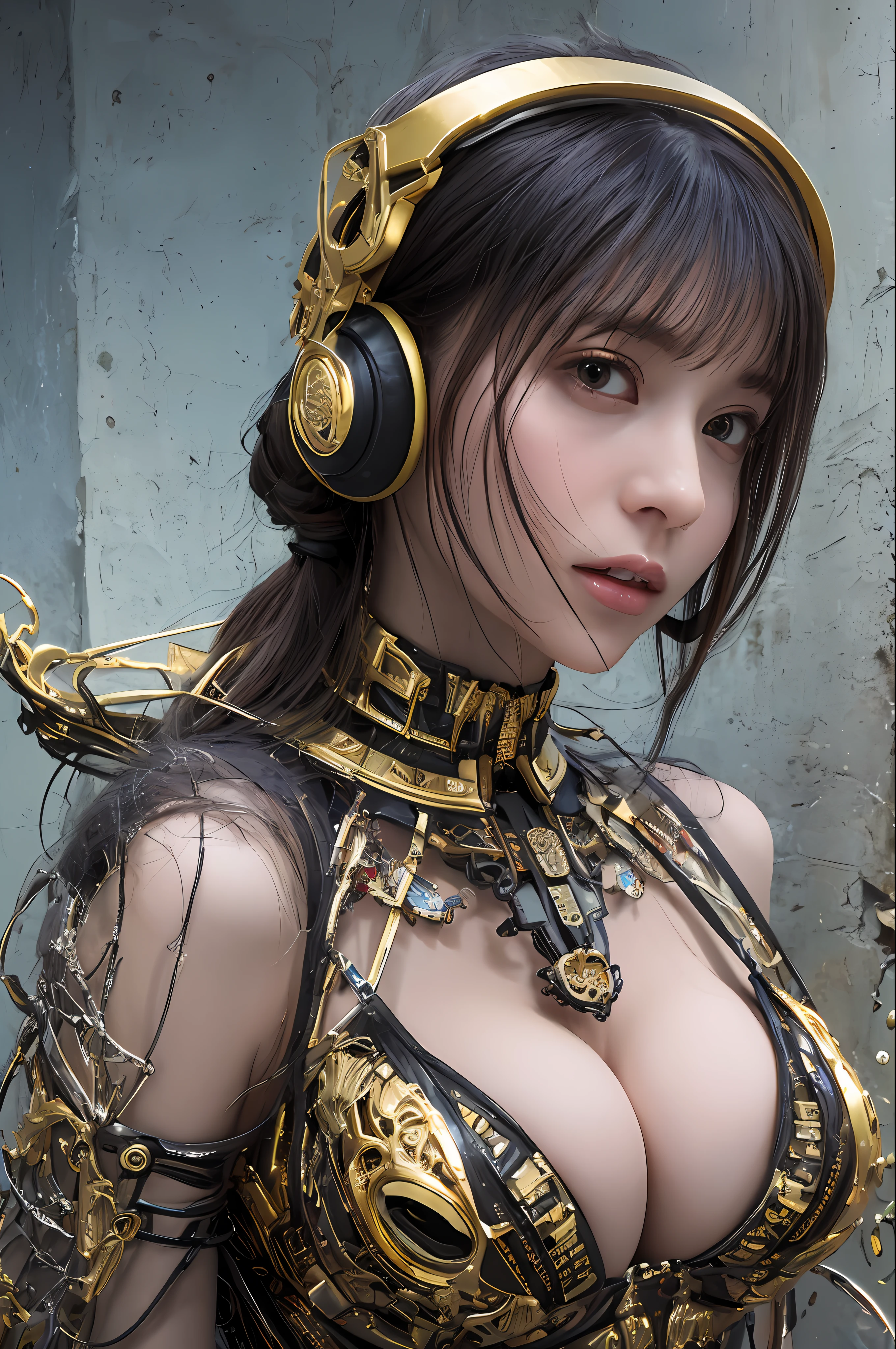 top-quality、​masterpiece、超A high resolution、(Photorealsitic:1.4)、Raw photo、Black hair、glowy skin、1 Cyborg Girl、((super realistic details))、portlate、Global Illumination、Shadow、octan render、8K、ultrasharp、Colossal tits、Raw skin is exposed in cleavage、Bionic Cyborg Girl、Black fiberglass body、Details of intricate ornaments of golden color、Insect specifics、Biological curve form、Golden hydraulic cylinder、highly intricate detail、Realistic light、CGSoation Trends、a purple eye、radiant eyes、Facing the camera、neon details、blood vessels connected to tubes、Mechanical vertebrae attached to the back、mechanical cervical attaching to neck、sitting on、Wires and cables connecting to the head、Gorgeous headset、Glowing LED lamp、The background is a steampunk room、
