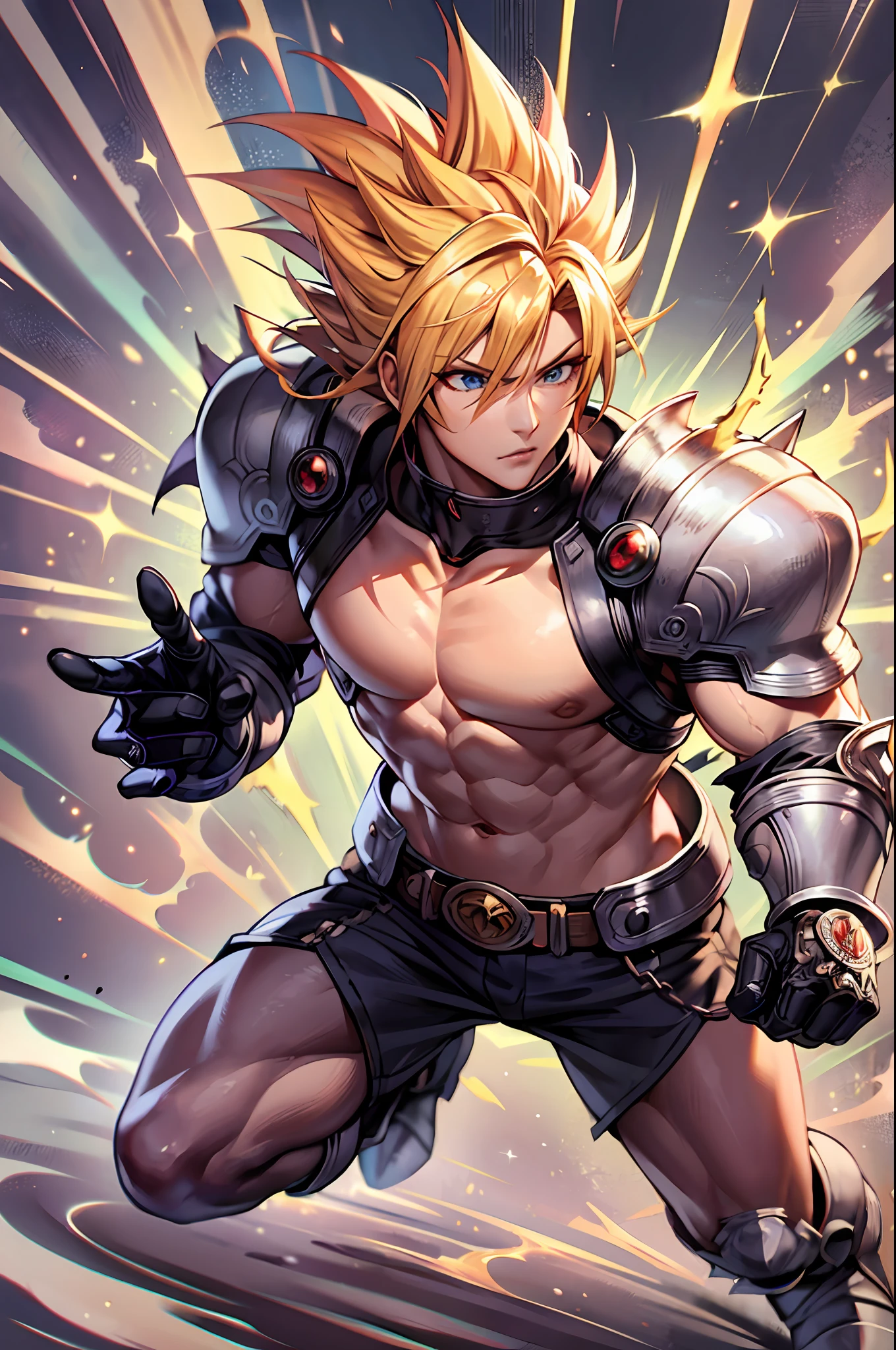 masterpiece, intricate sharp details, full body,blonde hair, spiked hair, blue eyes, super saiyan --auto --s2