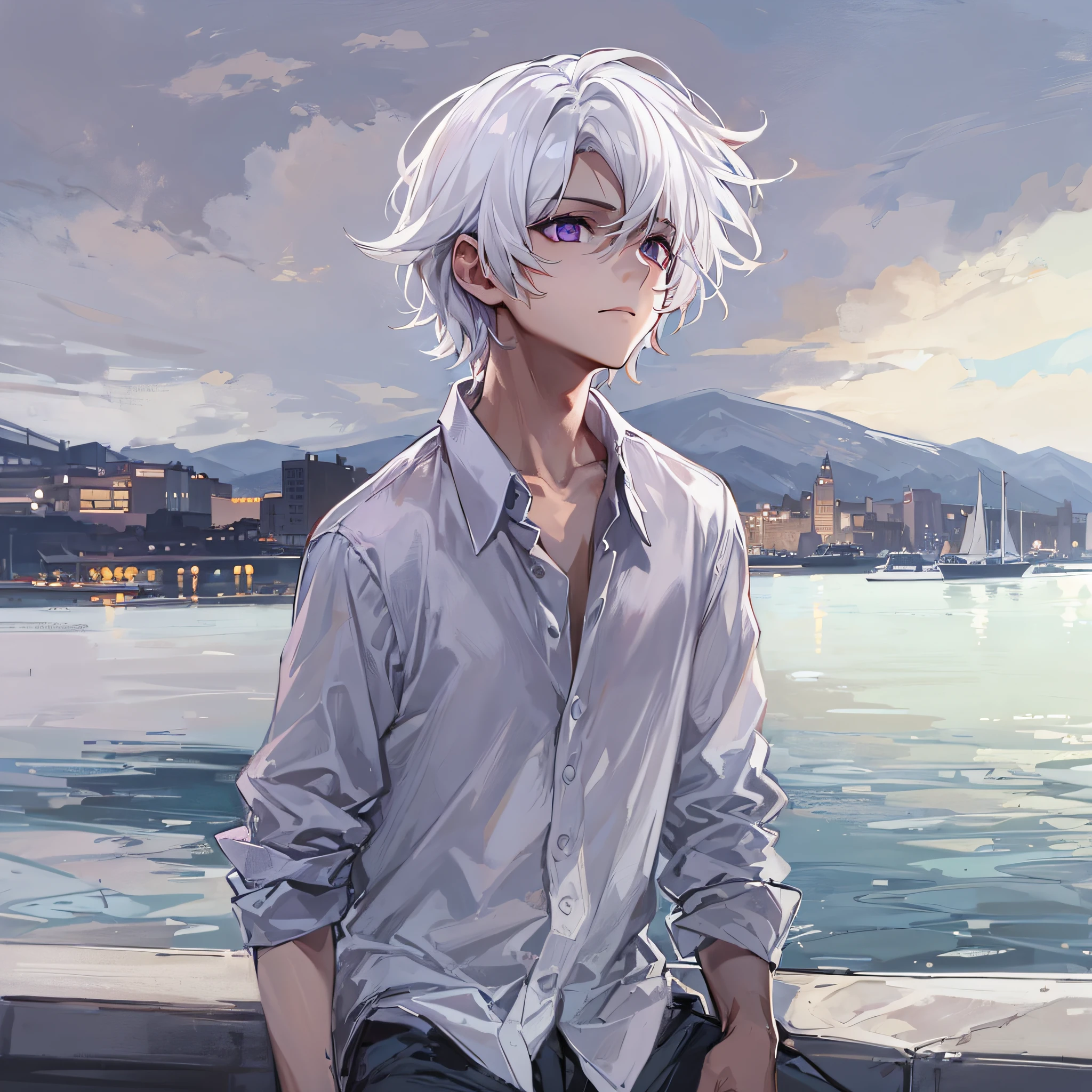 1boy,white medium hair,purple eyes,cool,waterfront,shirt