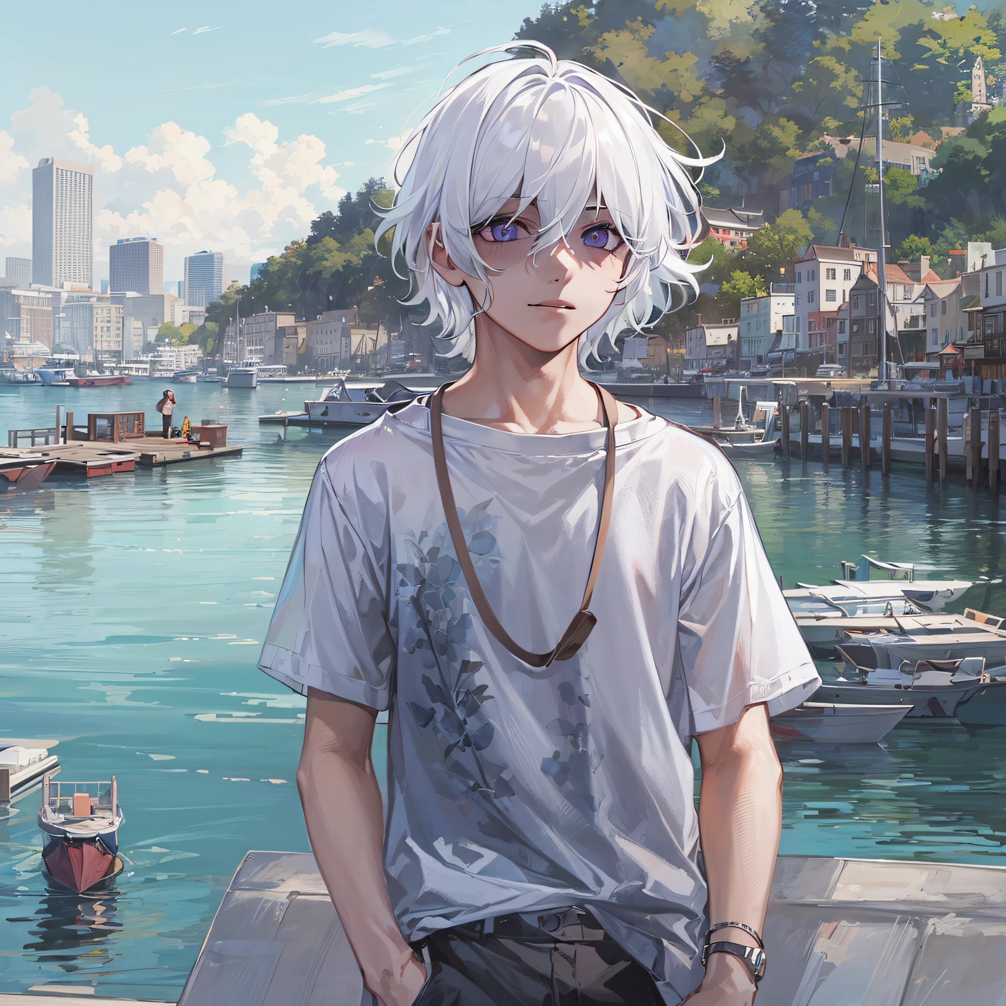 1boy,white medium hair,purple eyes,cool,waterfront,shirt