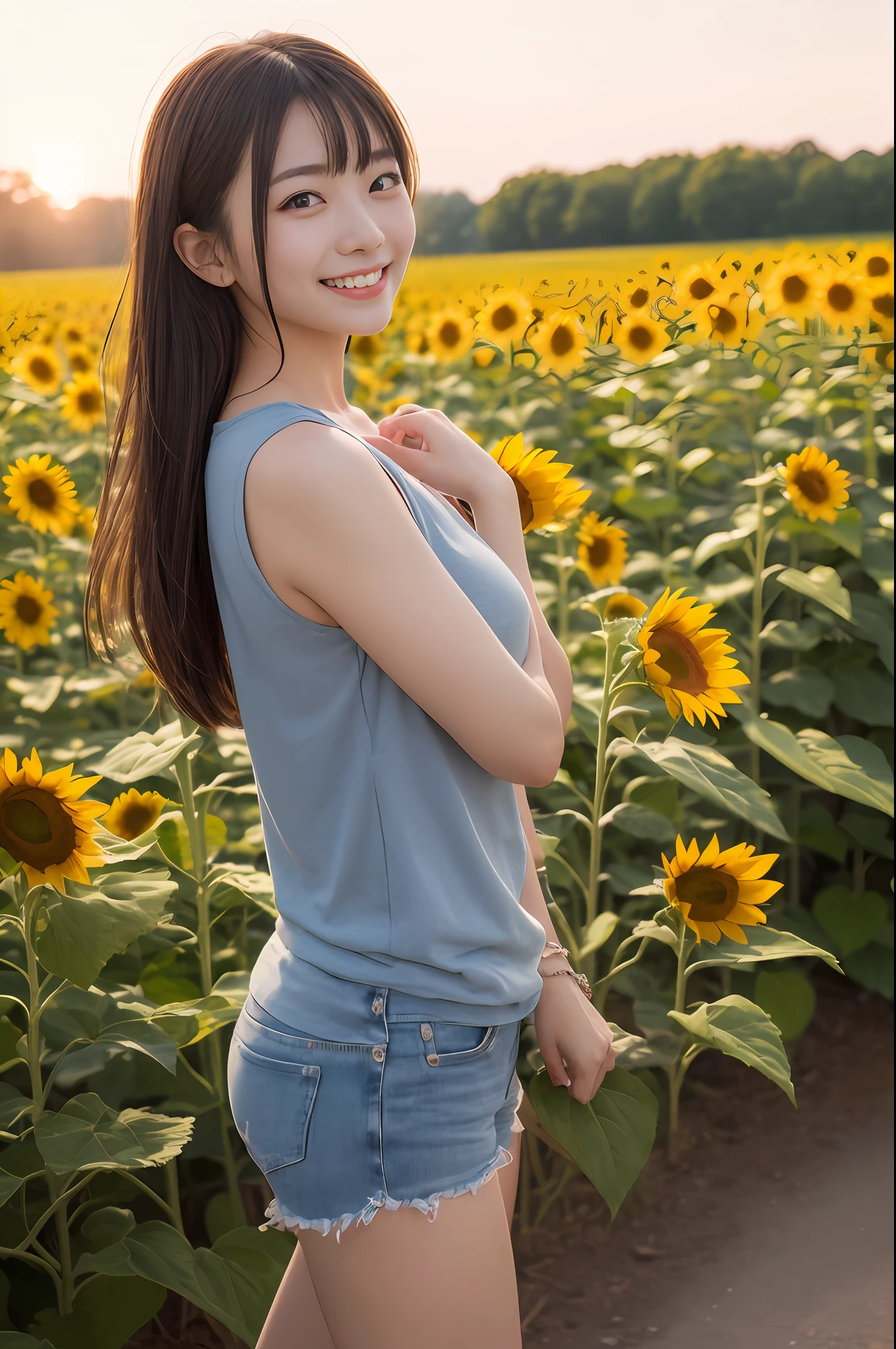 (tmasterpiece、beste-Qualit:1.2)、ultra hyper-detailed、lighting like a movie、((1 beutiful girl))、a smile、body complet、shirts、summer vacation、a country road、Sunflower field、135mm f/1.8、Dynamic Poses、Dynamic angles